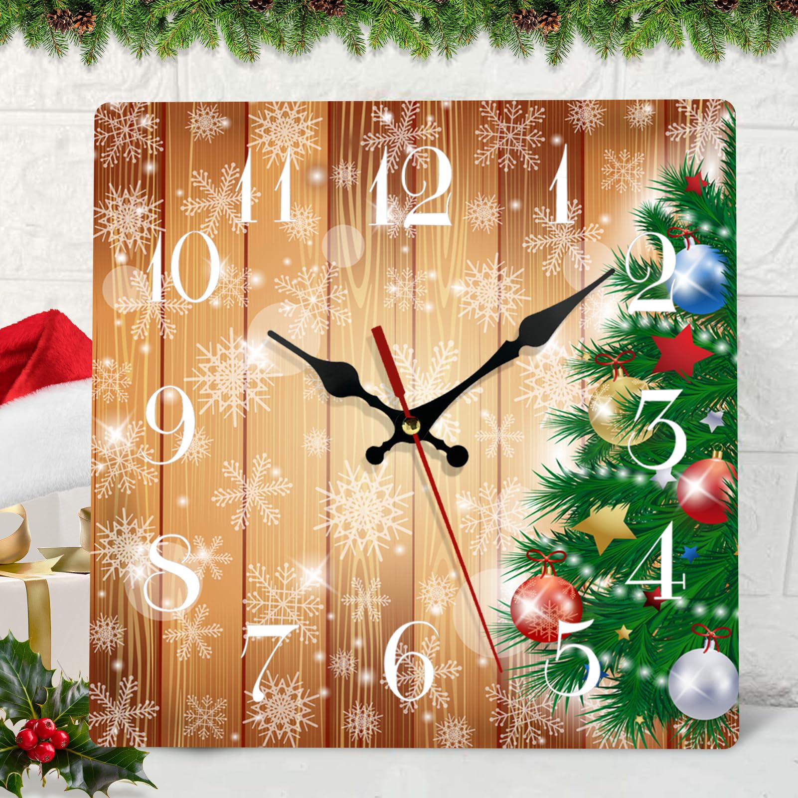 ArtSocket Christmas Wall Clock Silent Non-Ticking, Christmas Tree Space Ball Eve Snowflake Square Wall Clocks Decor for Home Kitchen Living Room Office, Battery Operated(12 Inch)