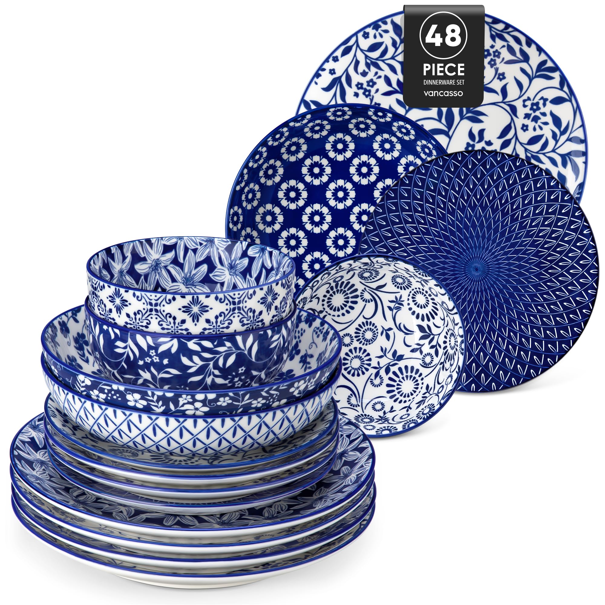 vancasso Selene Plates and Bowls Set, 48 Pieces Vintage Blue Porcelain Dinner Sets for 12 People, Scratch Resistant Dinnerware Sets Crockery Set, Mircowave Dishwasher Safe Dishes Set