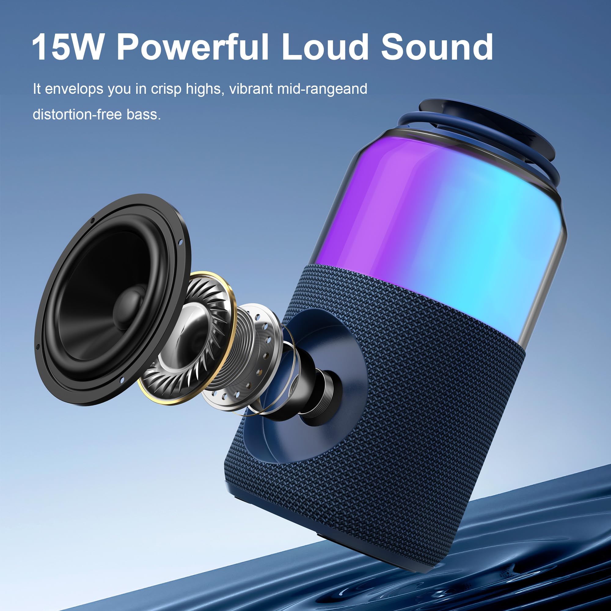 Passau Portable Bluetooth Speaker with Lights Show, 15W Loud Clear Sound, White Elephant Gifts for Adults, BT 5.4, LED Lights up Speakers Stocking Stuffers Gifts for Kids, Teen, Girls, Boys (Blue) 1