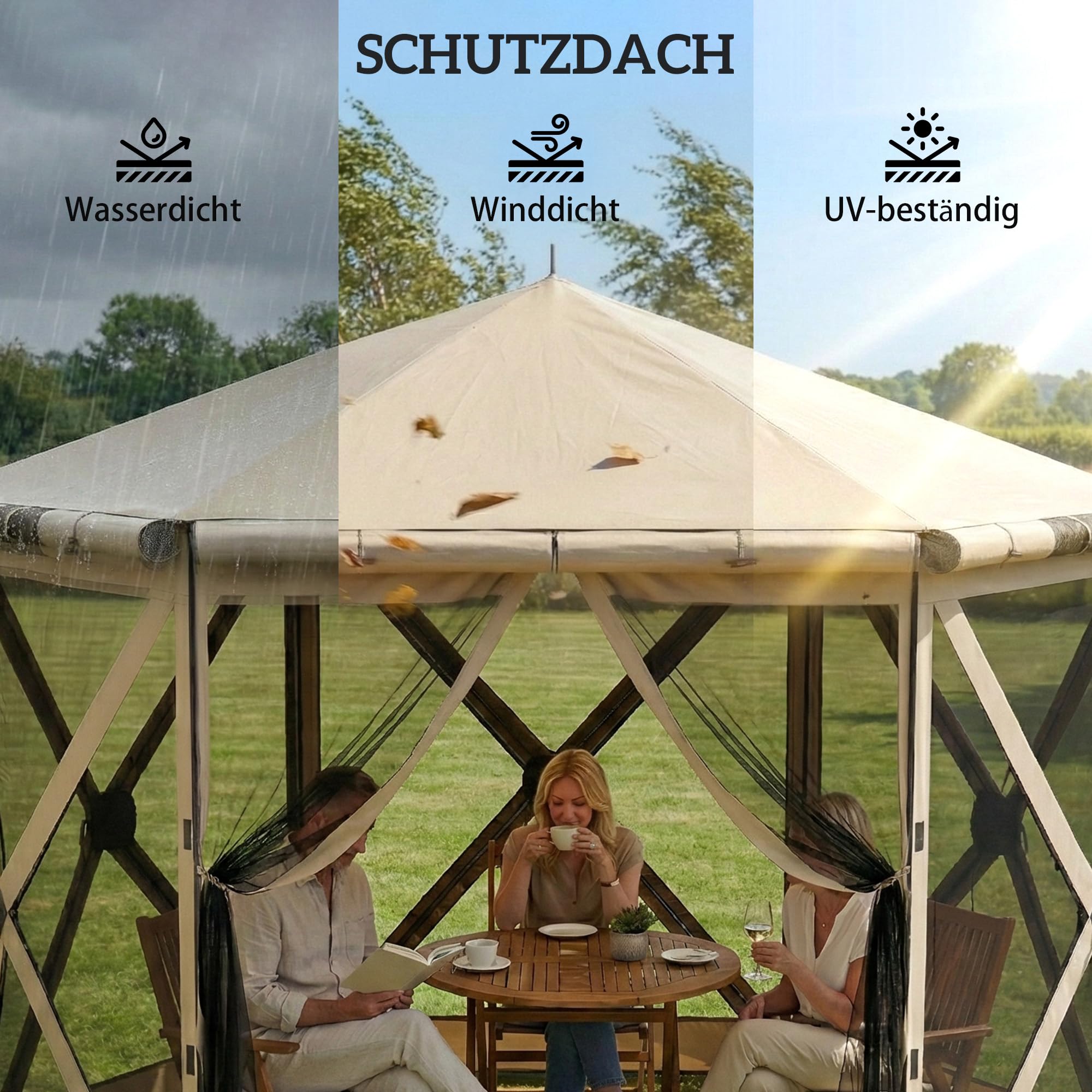 Outsunny 3mx2.6m Gazebo Esagonale con Tappeto impermeabile Cachi