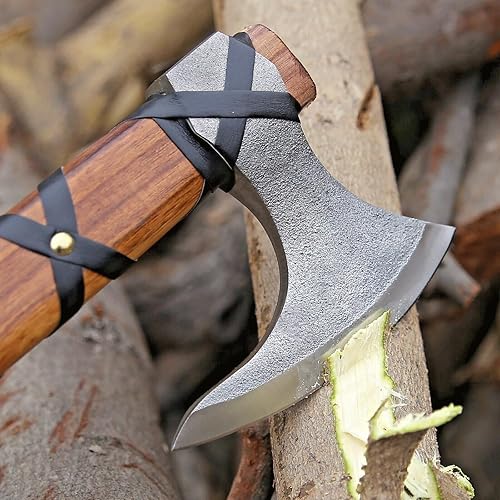 Miniatura 3 de Hacha vikinga de Ragnar Lothbrok con mango de madera de rosa, hoja afilada de acero de alto carbono forjada a mano, hacha de campamento hecha a