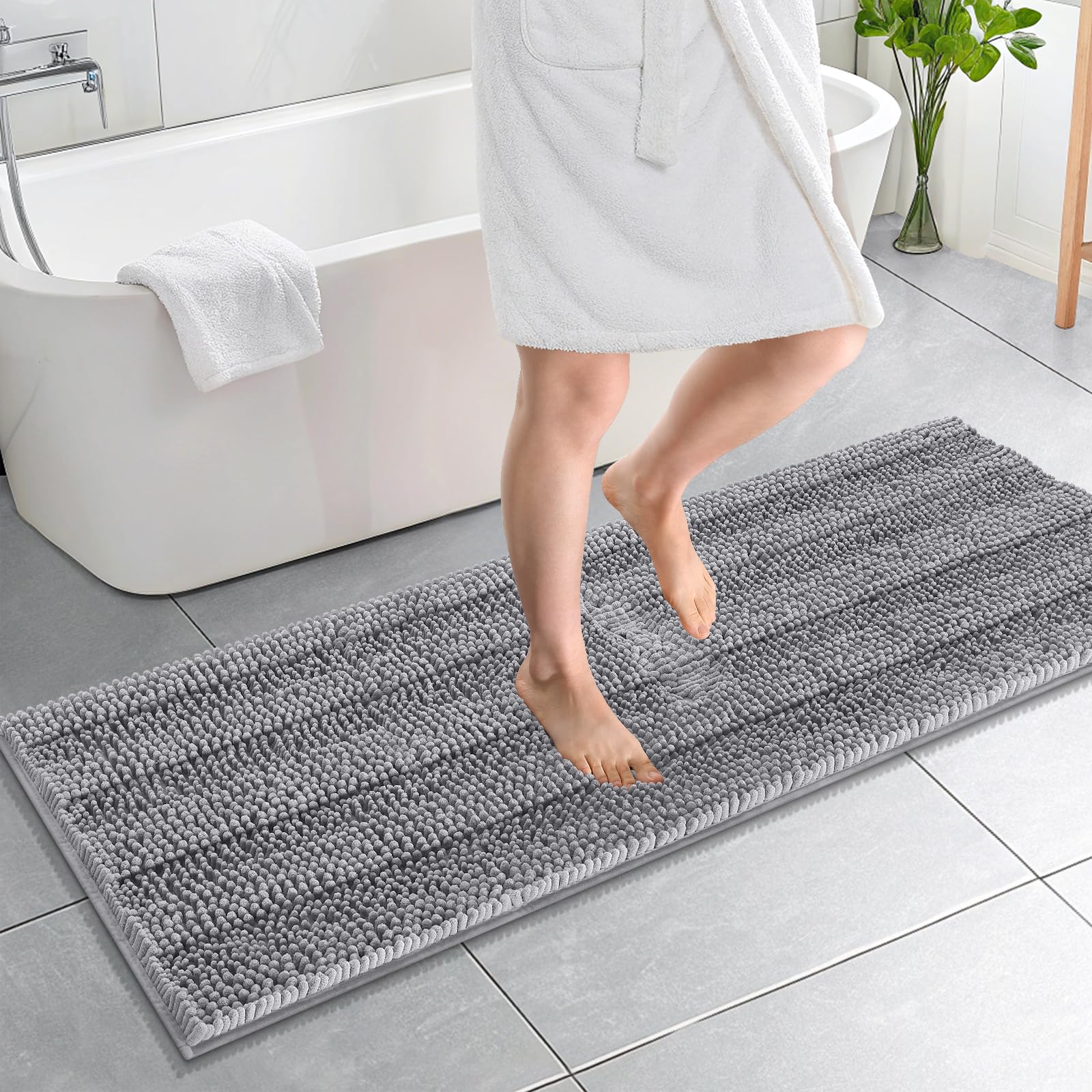 OLANLY Thick Bathroom Runner Rugs 59x20, Soft Chenille Long Bath Rugs, Grey