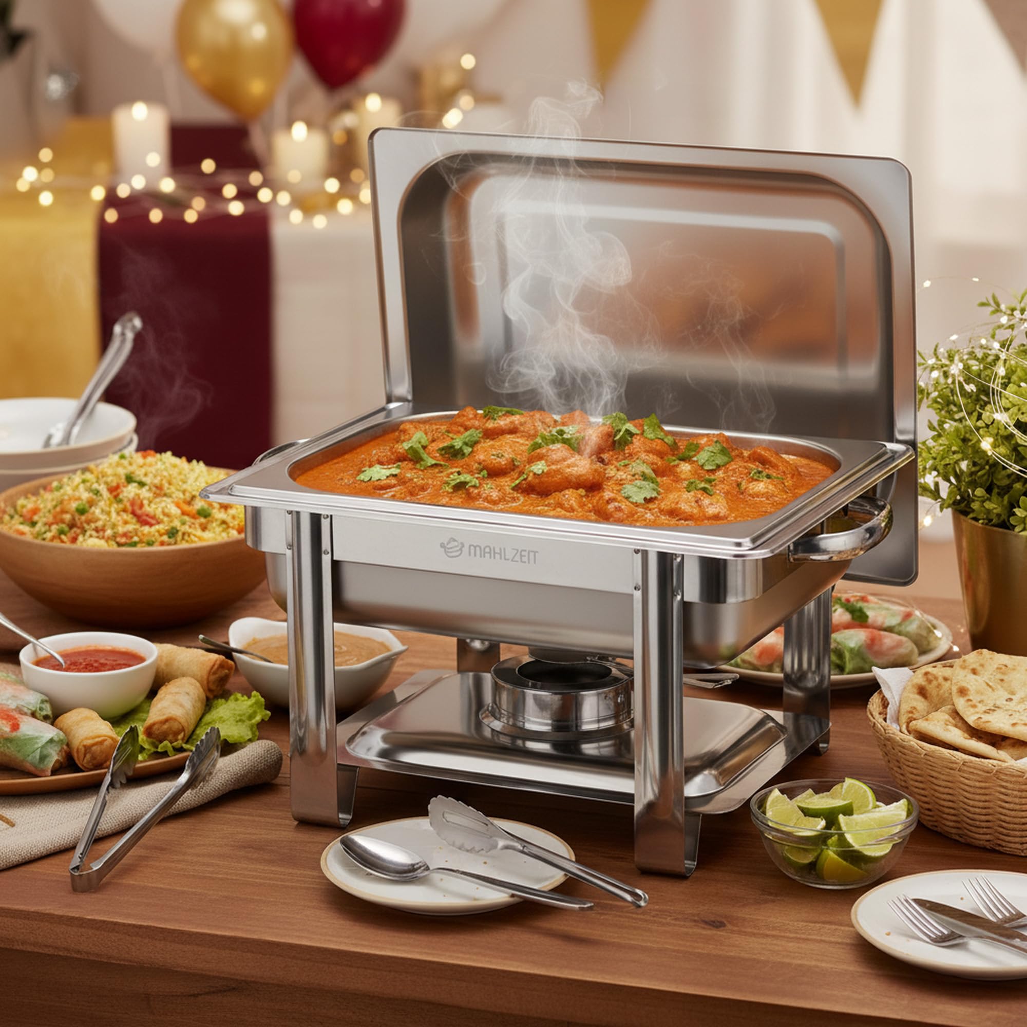 Mahlzeit Edelstahl Chafing Dish 4 Liter | Speisenwärmer mit Deckelhalter, Warmhaltebehälter Essen | Wärmebehälter, Bain Marie Rechaud | Chafing Dishes für Buffet Catering Gastro und Party