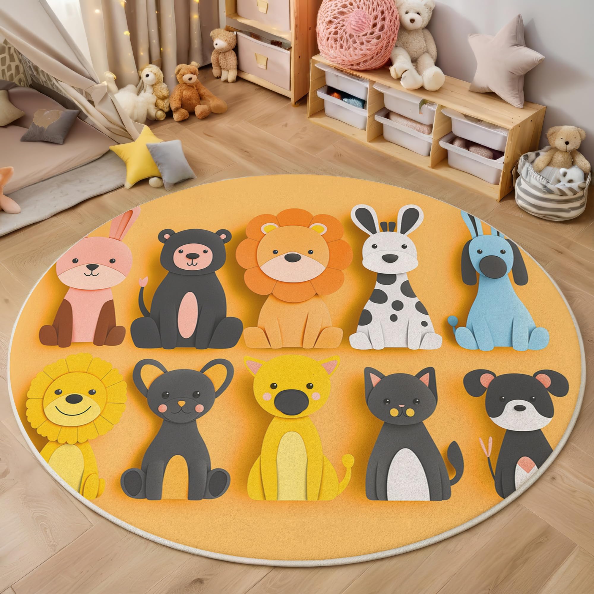 Tapis de zone ronde chien jaune 200cm lavable pour salon et chambre