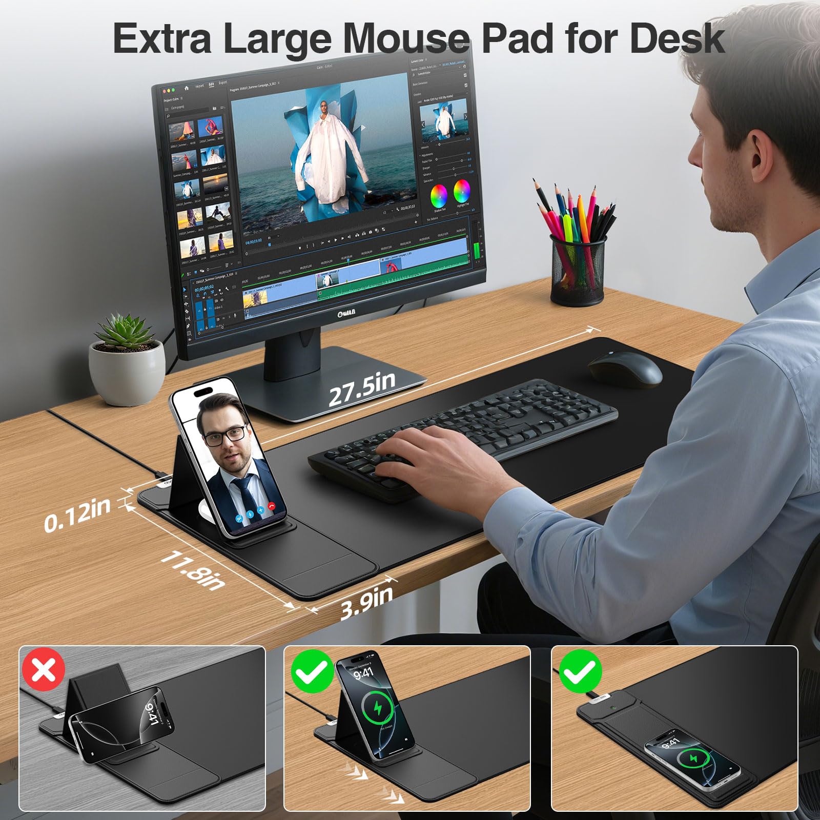 Tappetino per mouse di ricarica wireless con supporto pieghevole per telefono, 69,8 x 30 cm, grande tappetino da scrivania per laptop/tastiera, superficie ultra liscia, base antiscivolo, nero