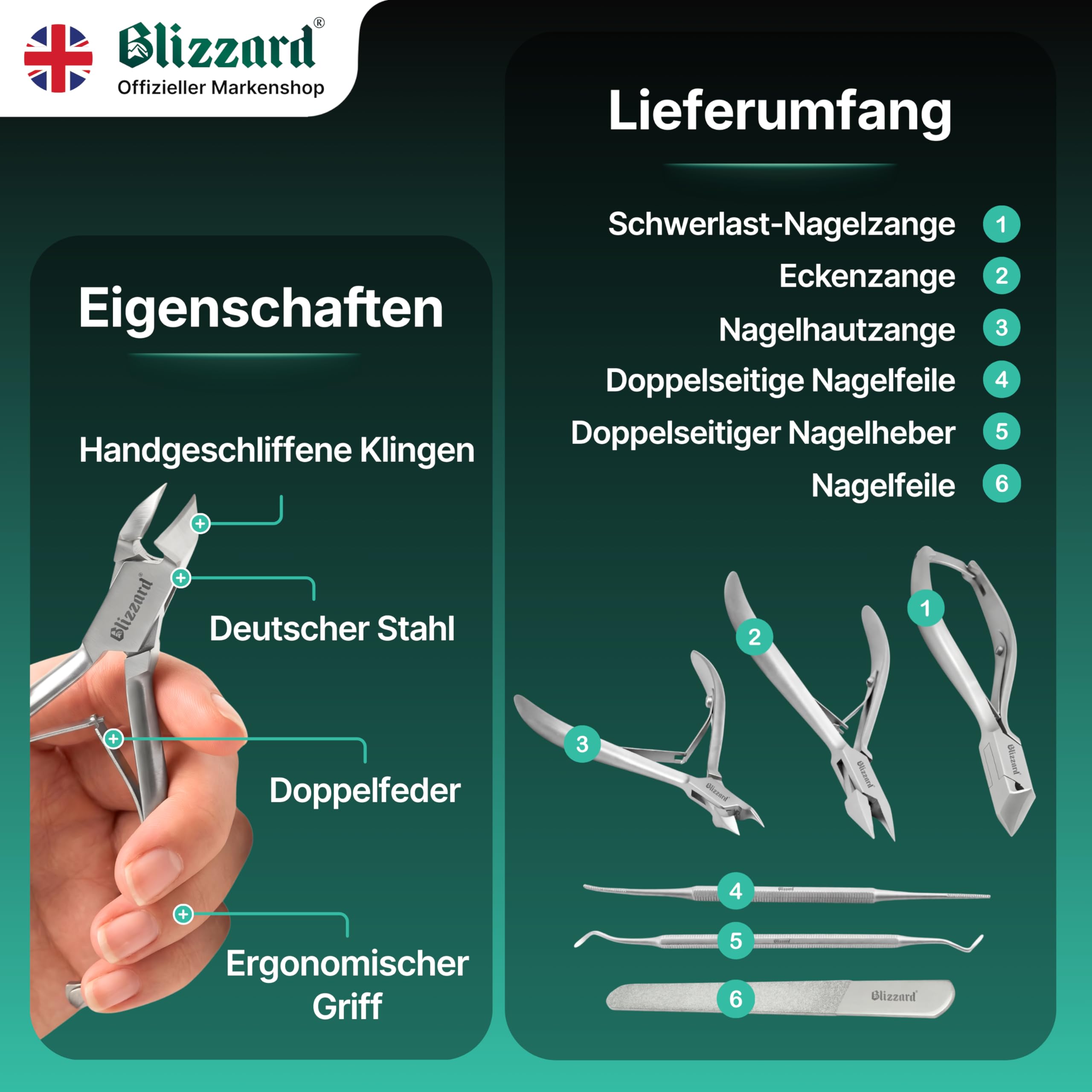Blizzard Podologie Instrumente Set – 5-teiliges Fußpflege Set für harte & eingewachsene Nägel – Nagelzange, Eckenzange, Nagelhautentferner, Eckenfeile & Eckenheber – Profi Podologie Werkzeug