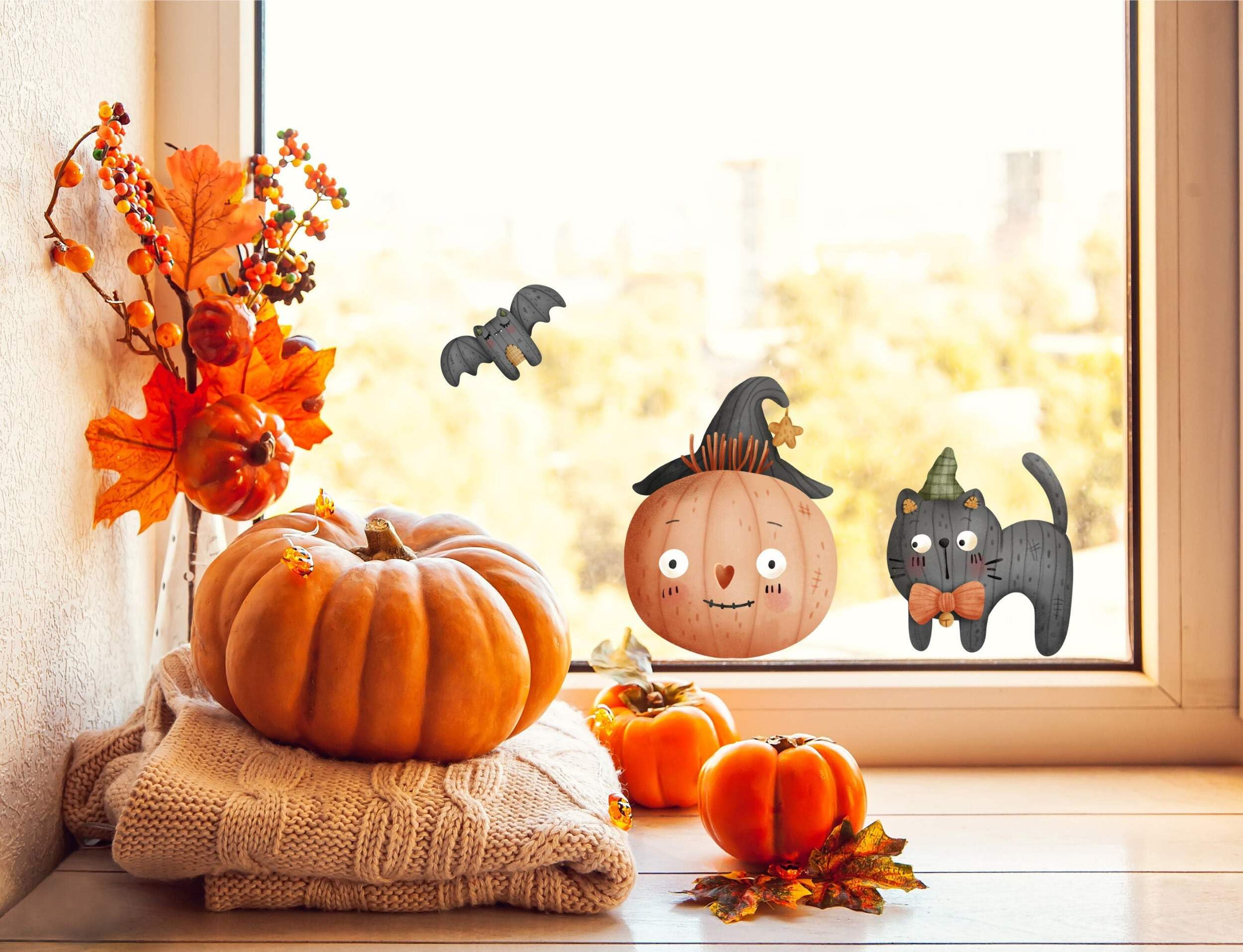 Quotemywall Black Halloween Window Stickers Cute Smilinmg Pumpkin, Cat & Flying Bat Halloween Decor Decorations