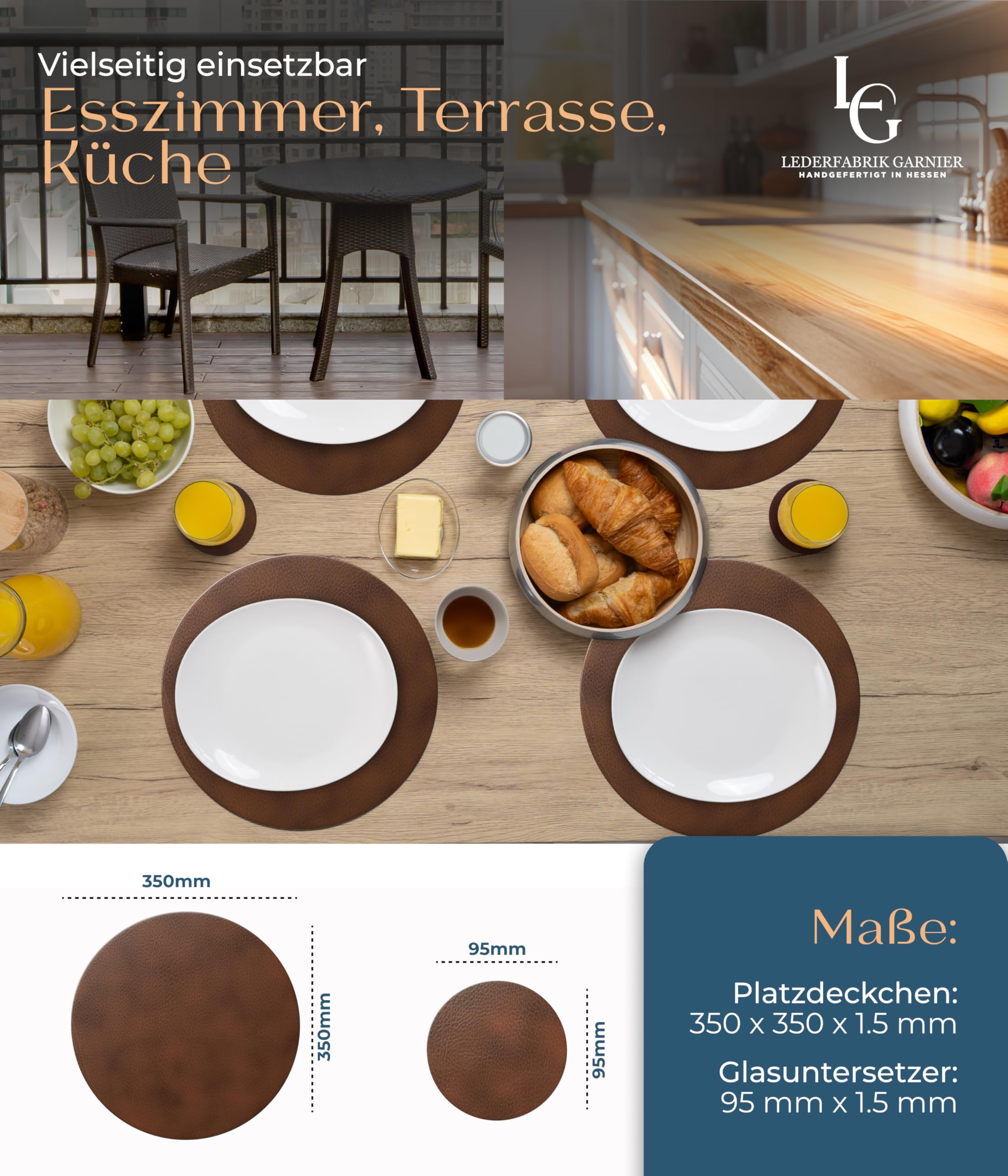 Juego de 4 manteles individuales lavables – Sostenibles, estables y antideslizantes – Cuero reciclado noble fabricado en Alemania (redondo, marrón oscuro)