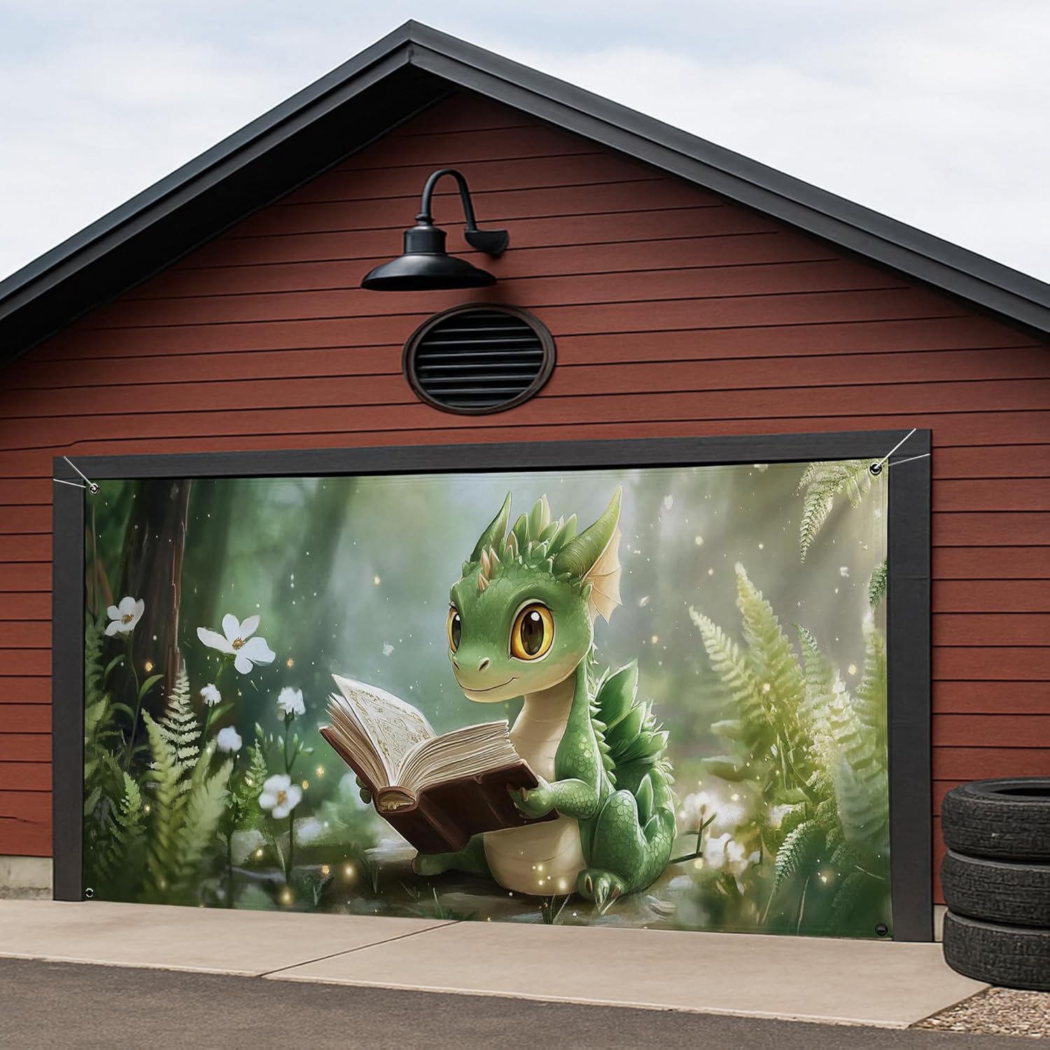 Fantasy Dragon Garage Door Cover, Cute Green Dragon Reading Book Large Garage Door Decorations, Outdoor Indoor Playroom Background Decor, Spring and Summer Fun Theme 157x71 Inch