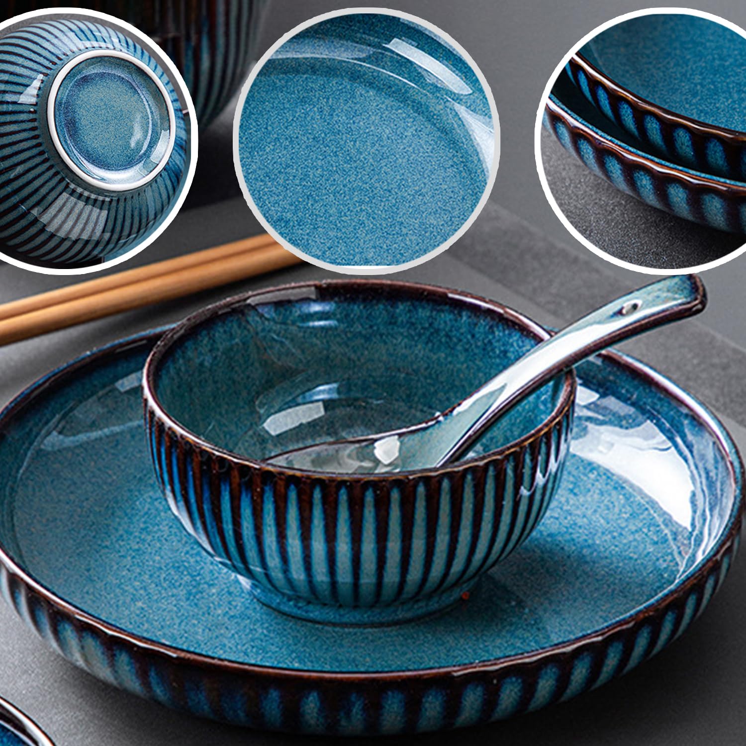 Müslischalen-Set, blaue Suppenschüsseln, mikrowellengeeignet, Reisschalen, Frühstücksschalen, Keramik-Müslischalen (4 Stück, 15,2 cm)