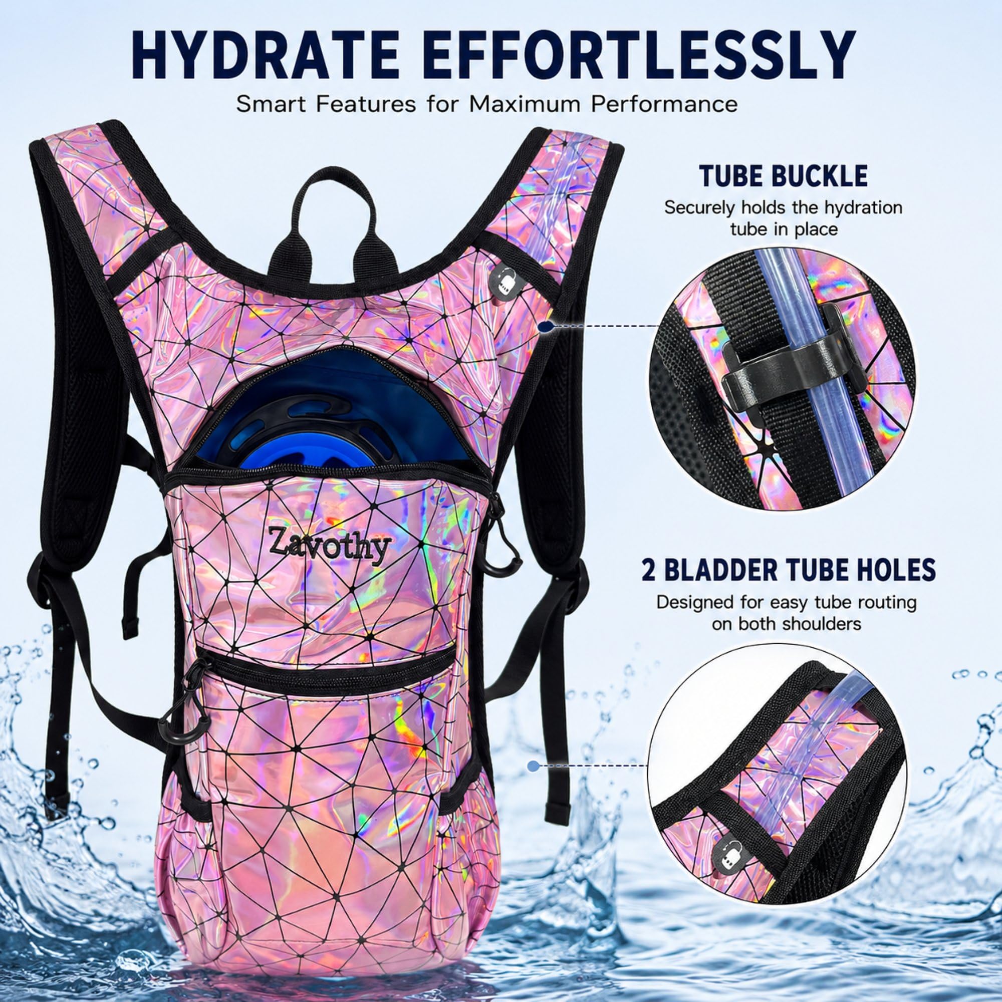 Zaino per idratazione riflettente, zaino idrico con sacca idrica da 2 l/3 l, essenziale per festival, zaino per idratazione rave, per escursioni, corsa, ciclismo e festival