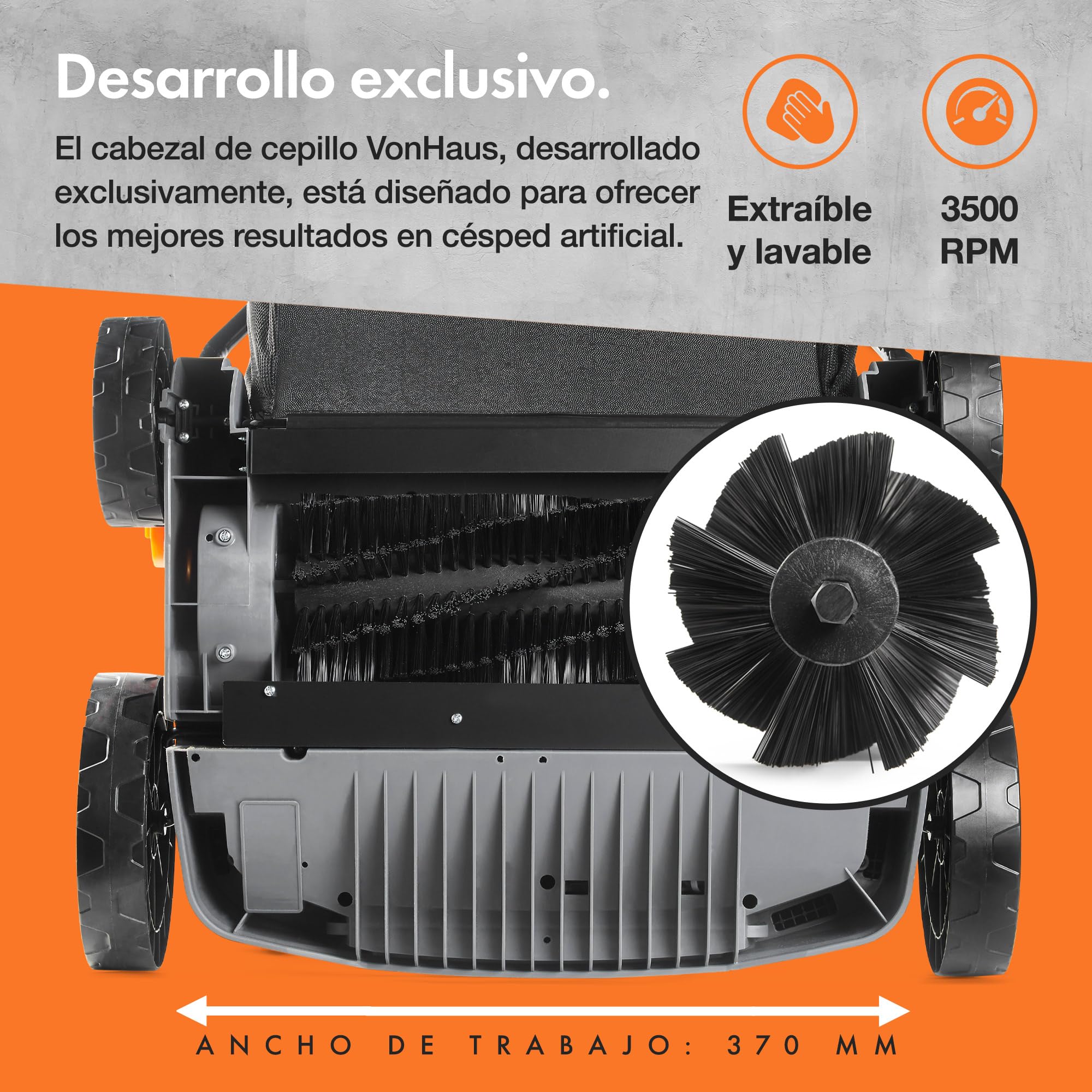 VonHaus Cepillo para Césped Artificial - Peinadora Barredora de Césped Artificial con Bolsa de Recogida, 5 Alturas Ajustables, 330-380 mm de Ancho de Trabajo y Asa Plegable (1800 W)