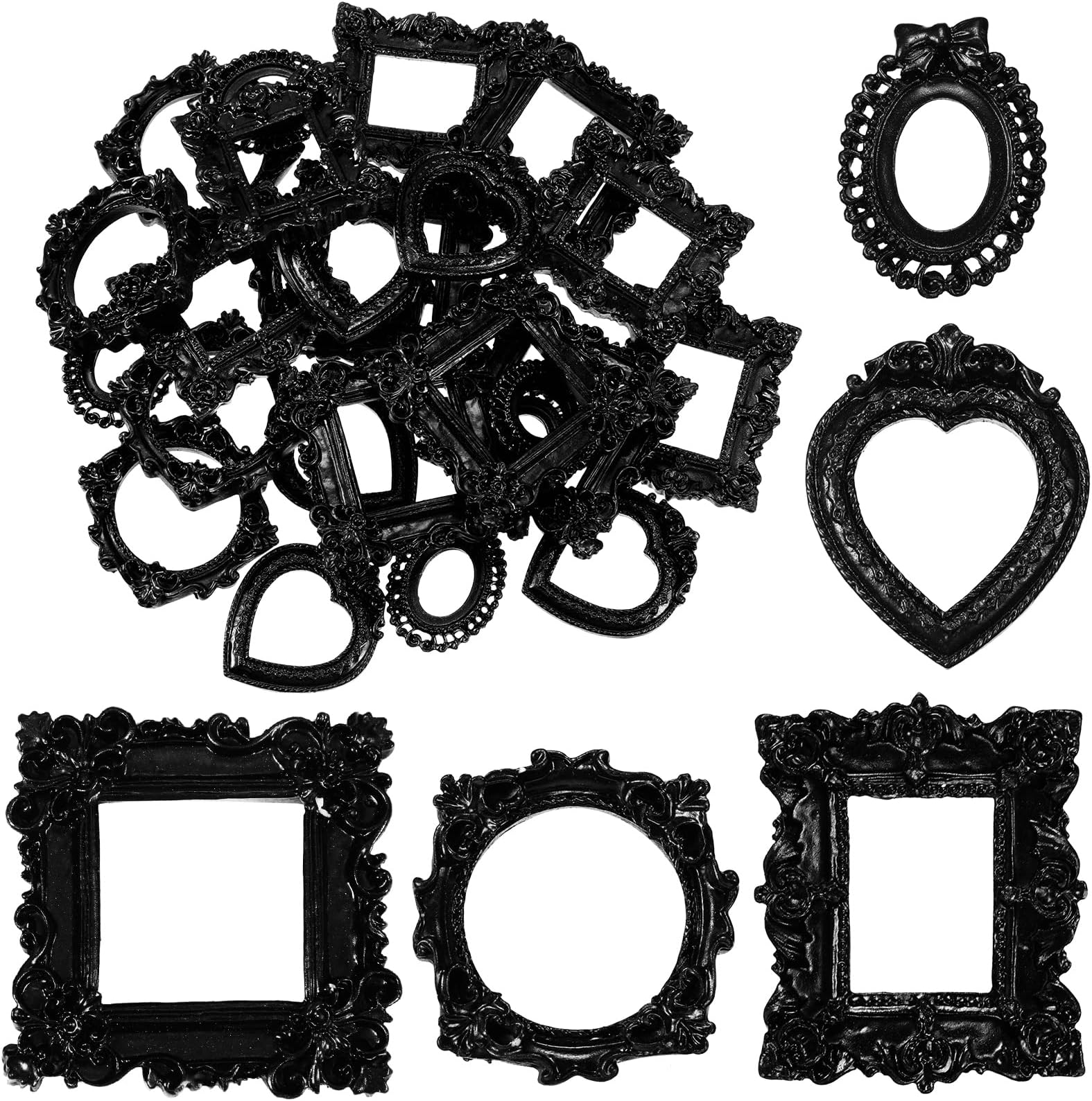 Vicenpal 25 Pcs Vintage Mini Picture Frames Antique Baroque Small Picture Frames Oval bulk Wallet Size for Wedding Victorian Home Christmas Holiday Decor (Black)