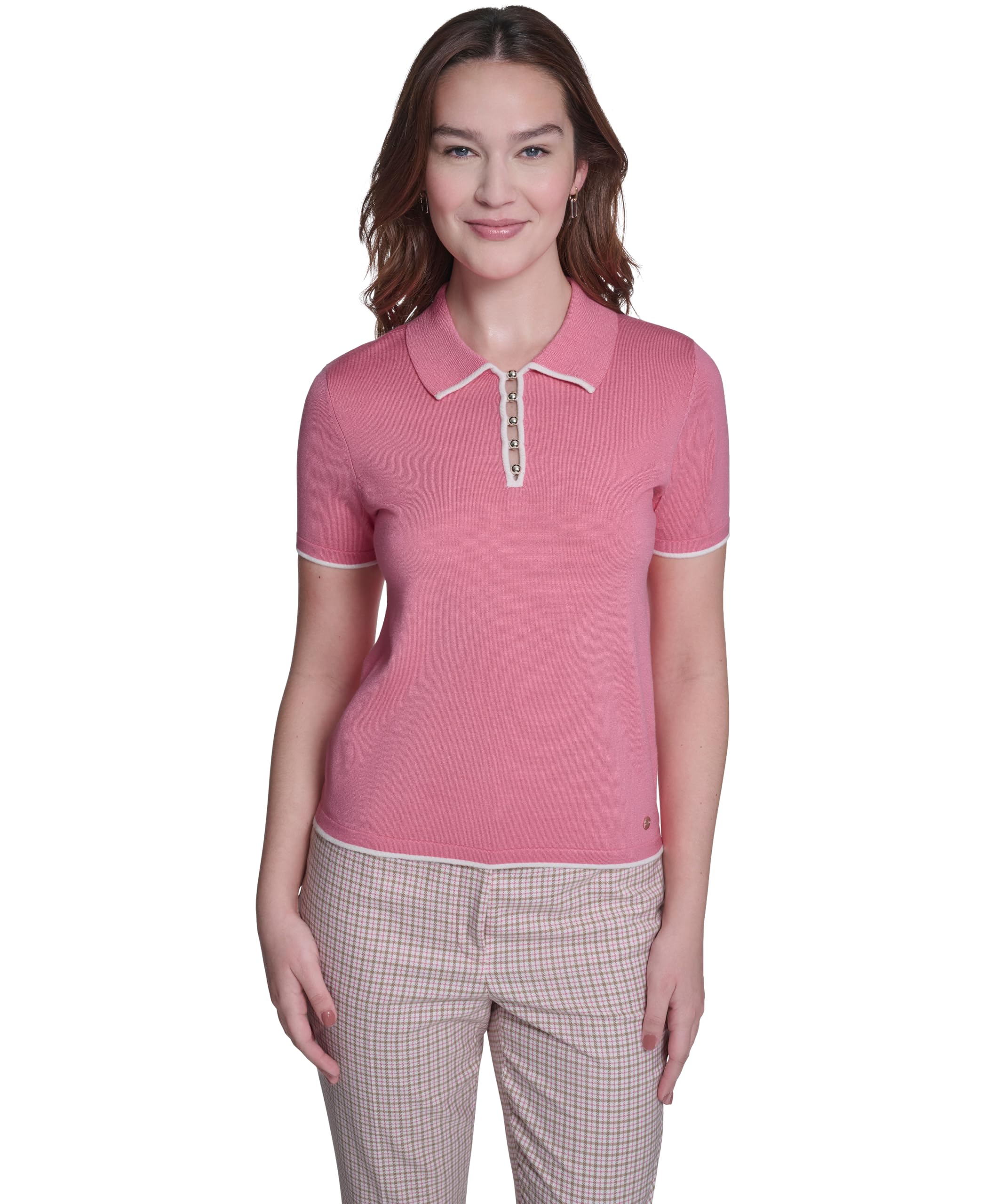 Tommy Hilfiger Women's Short Sleeve Johnny Collar Polo Sweater, Pink Tulip/Bright Multi, Medium