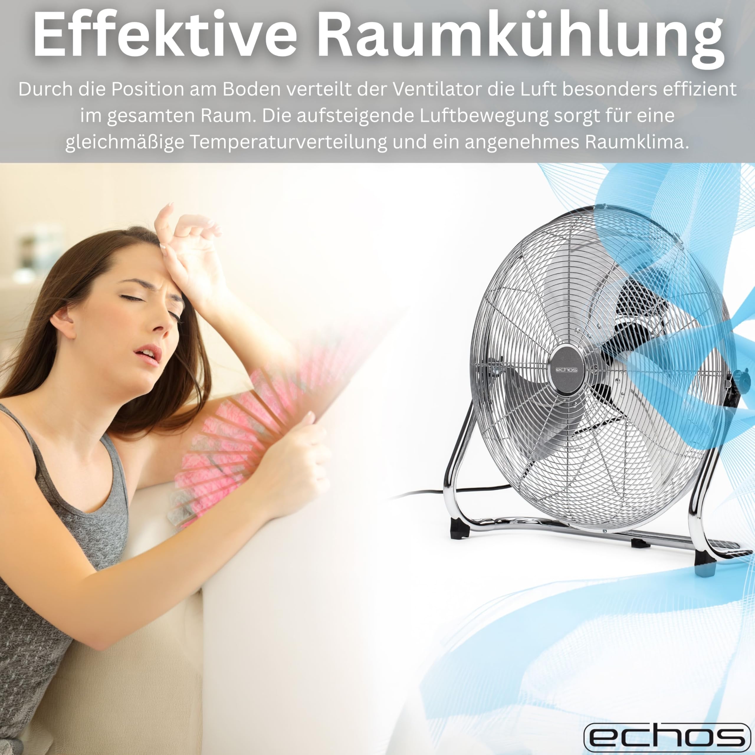 Echos® Bodenventilator Metall 46 cm – 100W Hochleistungs Ventilator leise, 3 Stufen, 90° neigbar, Industrie Ventilator mit starkem Luftstrom 102 m³/min, Standventilator für Werkstatt, Büro & Zuhause