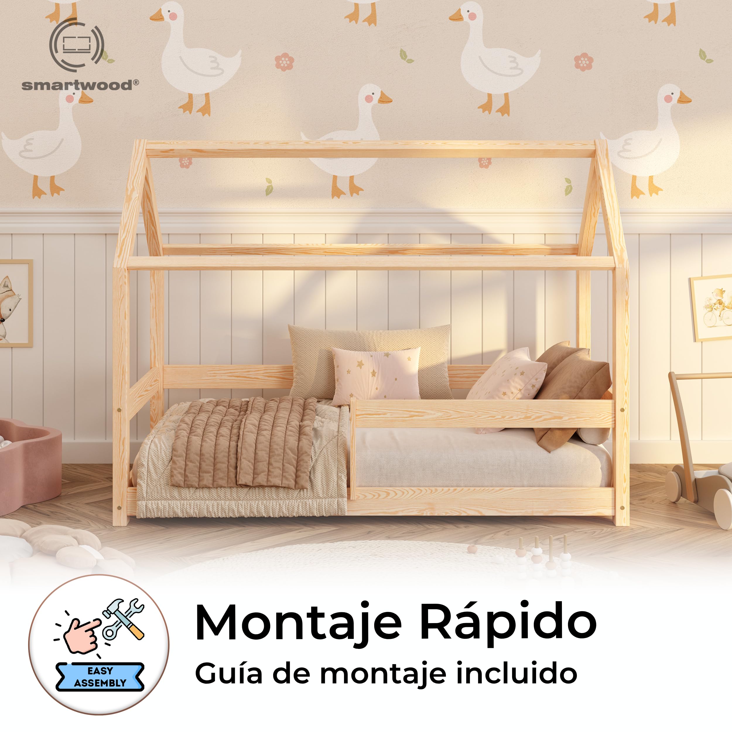 smartwood Cama Casita 90x190 cm de Madera Maciza - Cama Montessori con Barandilla y Somier hasta 230 kg - Diseño Escandinavo - para Niños y Niñas - Montaje Fácil - Milo