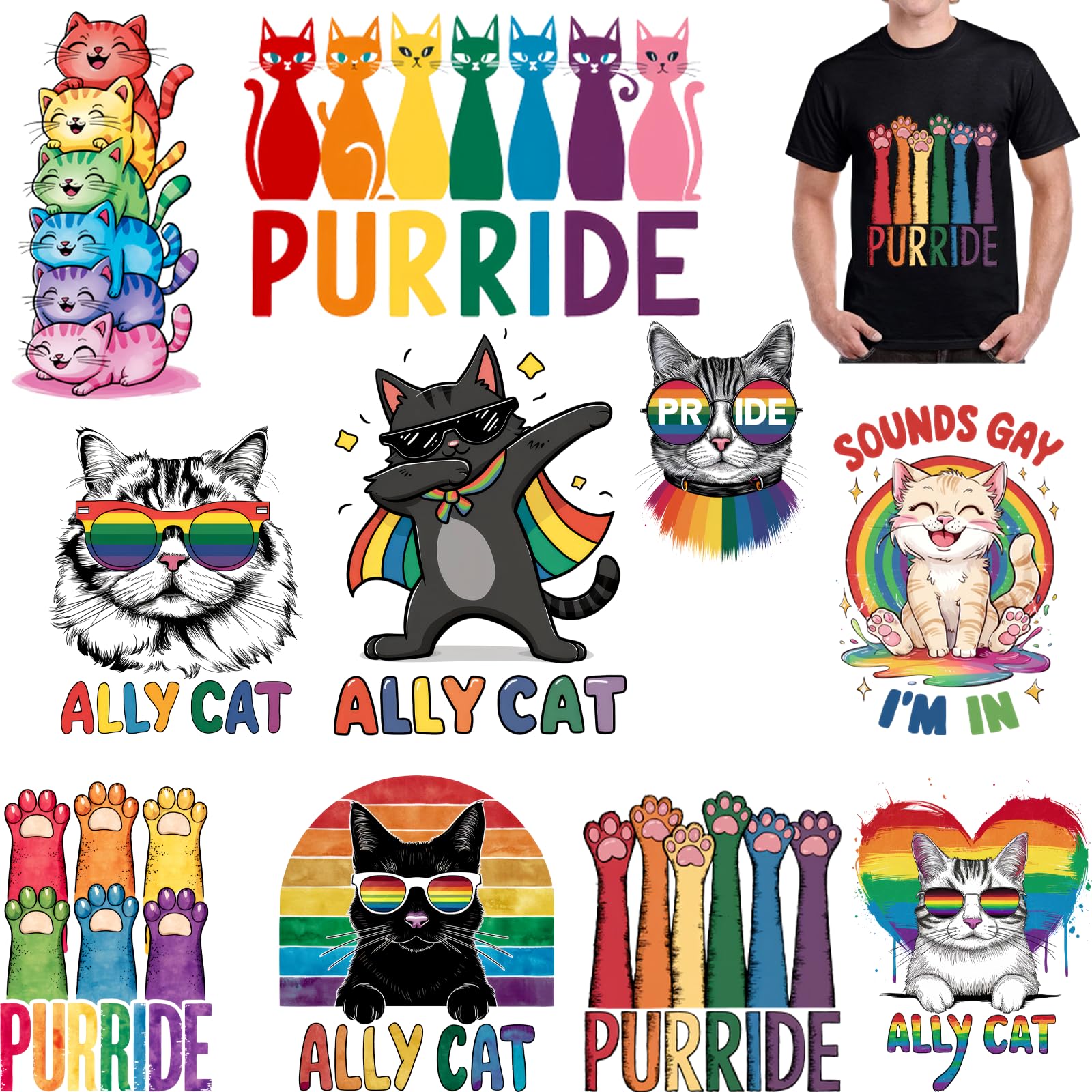Funny Cat Heat Transfer Ironing Patch 10 Sheets Cat Hot Cute Angry Rainbow Cat LGBT Vinyl Heat Transfer Decal Ladies & Men T-Shirt Pillow Canvas Bag DIY Decoration