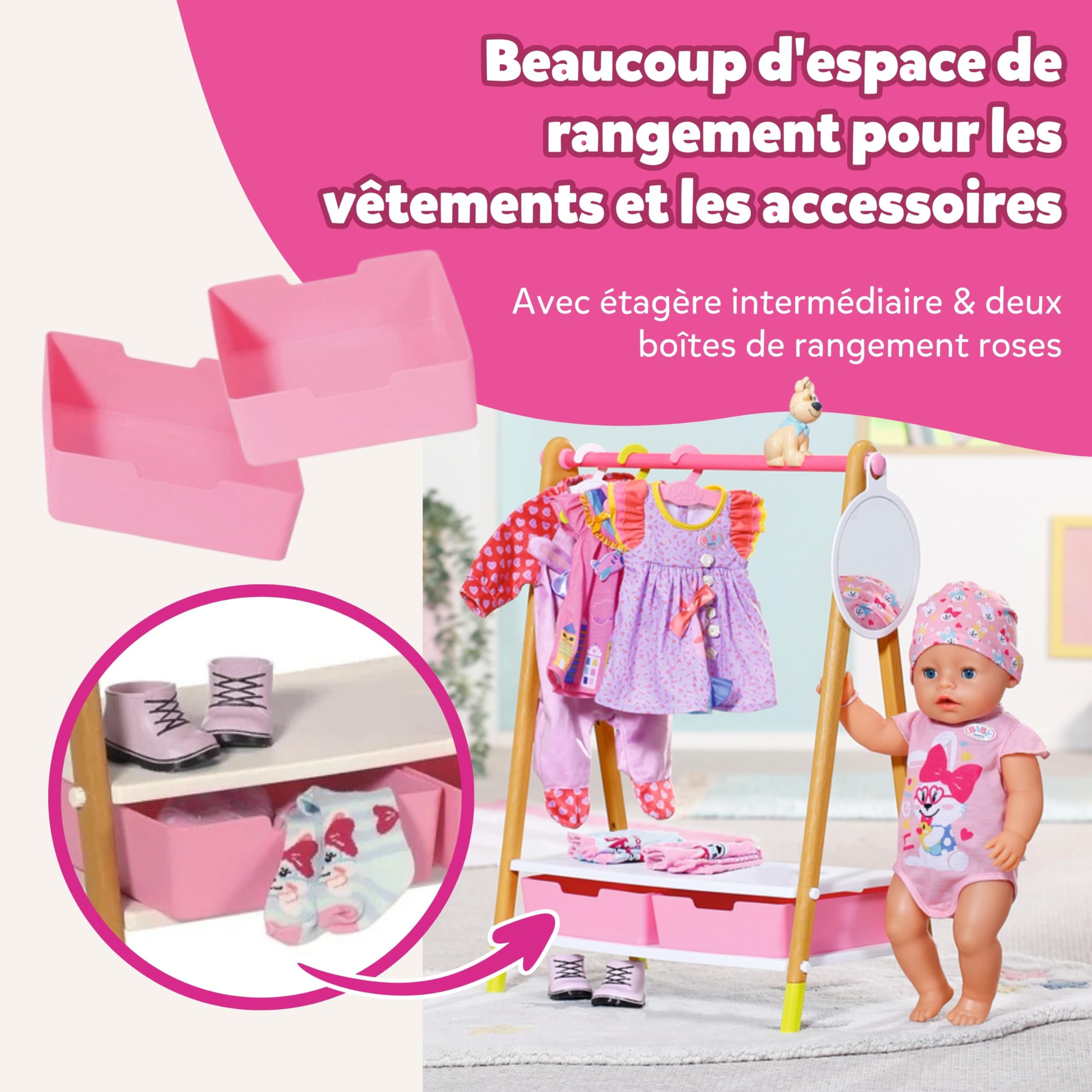 BABY born Tringle à vêtements - Portemanteau pour poupées Aspect Bois avec Miroir, tiroirs et cintres - Accessoires de Haute qualité pour poupées - Convient aux Enfants à partir de 3 Ans