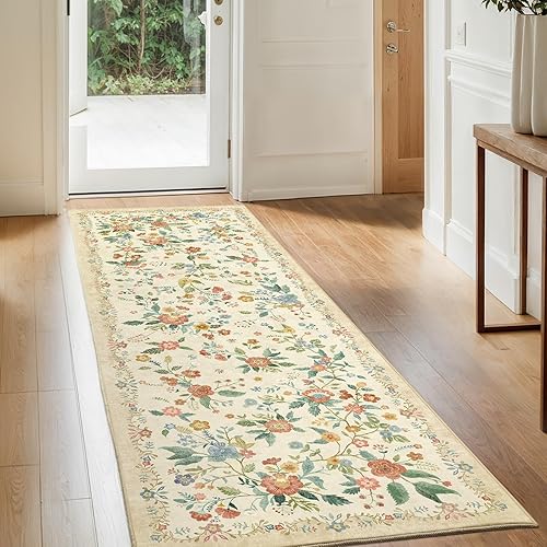 Amada 2x6 Washable Runner Rug, Non-Slip & Low-Profile Kitchen Area Rug with Durable Edge Binding, Boho Floral Pattern, Soft Long Entryway Runner Rugs for Bedroom & Hallway