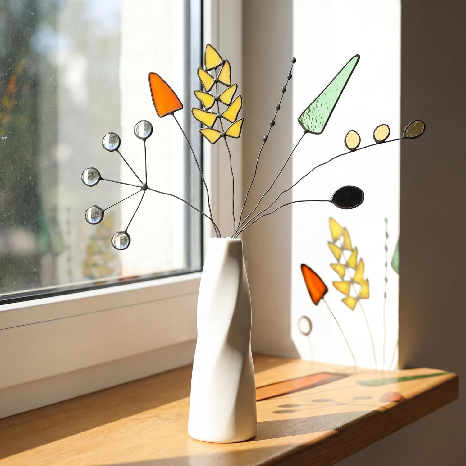 7 Pcs Stained Glass Flowers with Stems Handcrafted Artificial Glass Floral Branch Plant Panel Suncatcher Decoration Plant Gift for Window Vase Wall Art Decoration