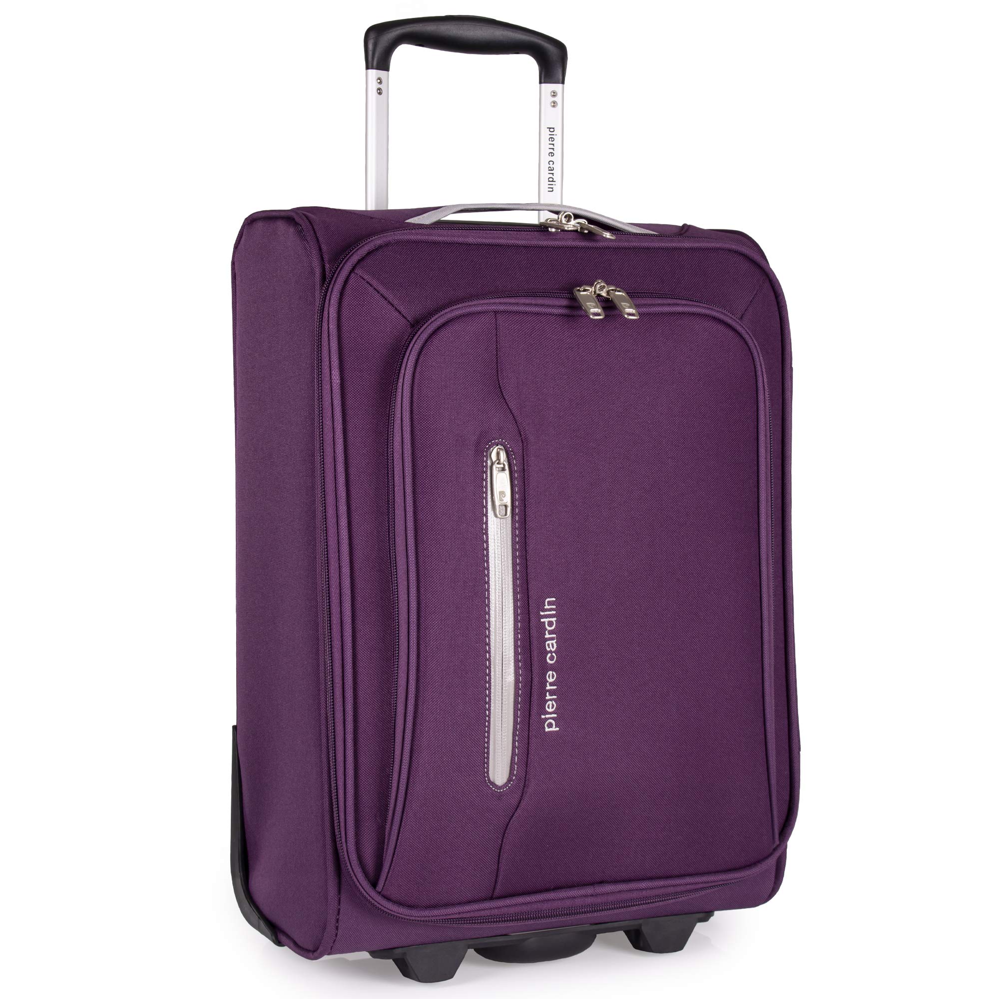 Pierre CardinSoft Sided 18 Inch Suitcase with Wheels - KLM Flybe Emirates Cabin Approved Under 55x40x20 Luggage TUI Soft Shell Bag | Light 1.8kg 48.5cm 30L (Carry On, Purple & Light Grey)