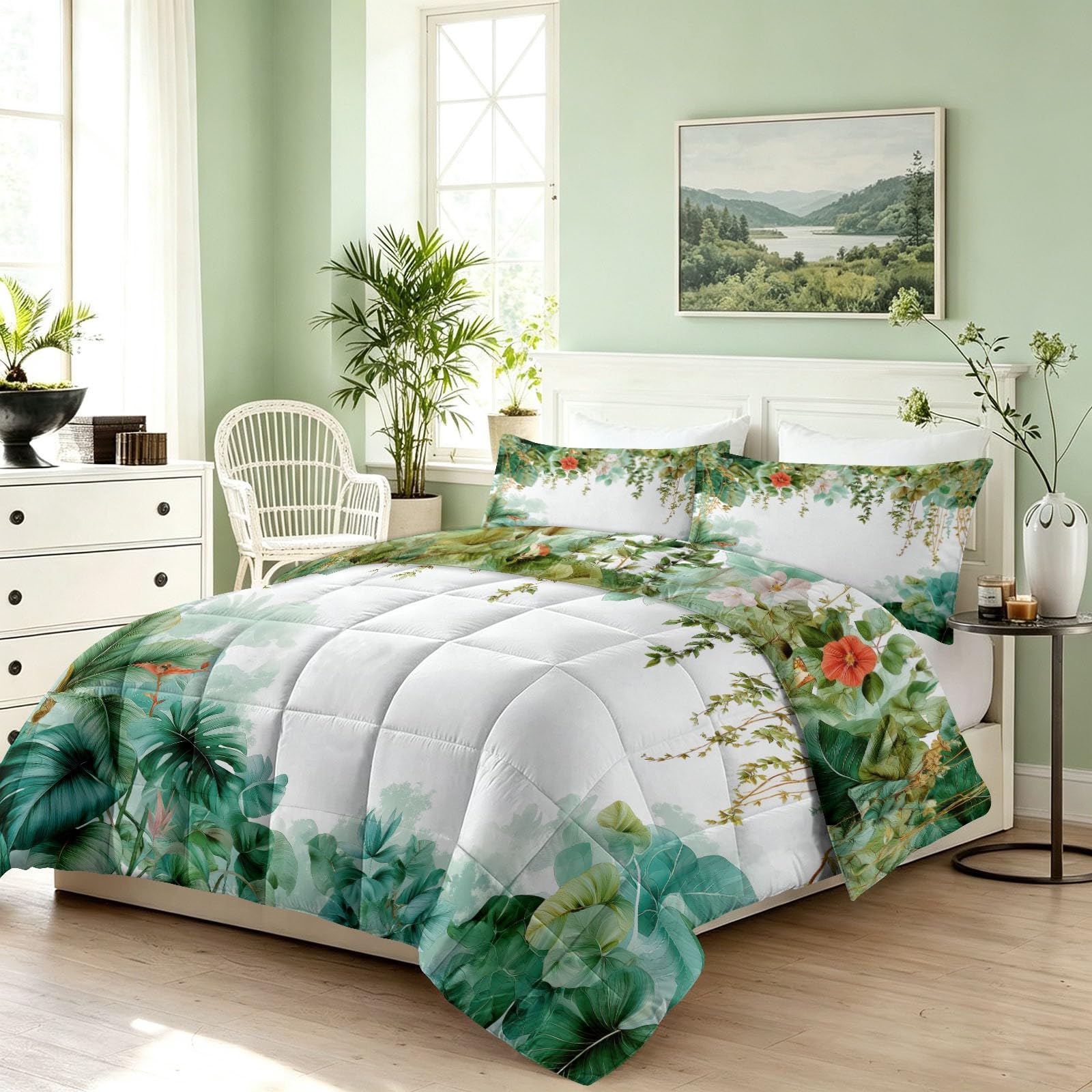 Trapunta 4 stagioni reversibile con 2 federe, 220 x 240 cm stile giungla tropicale disegnato a mano viti pappagalli fiori foglie bianco trapunta trapuntata senza cappuccio morbido traspirante