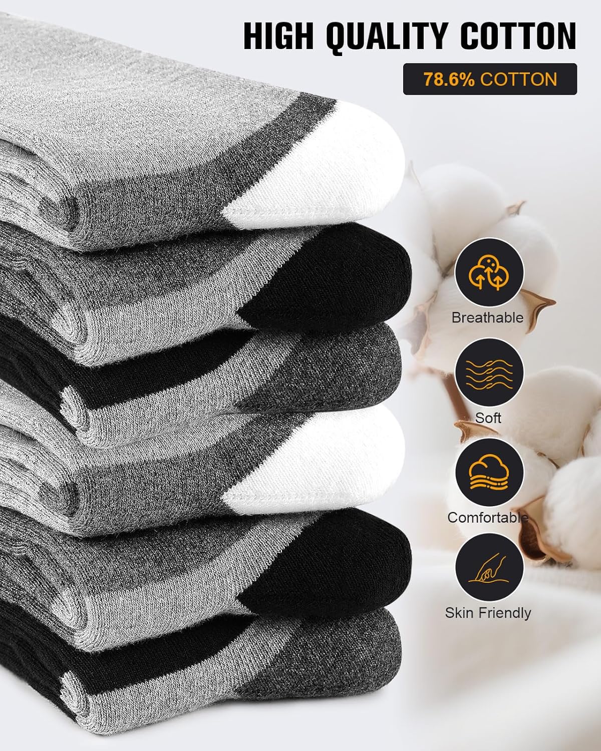 6 Pairs Men's Cotton Crew Work Boot Socks, Moisture Athletic Sports Socks for Hiking Running Workout - Image 4