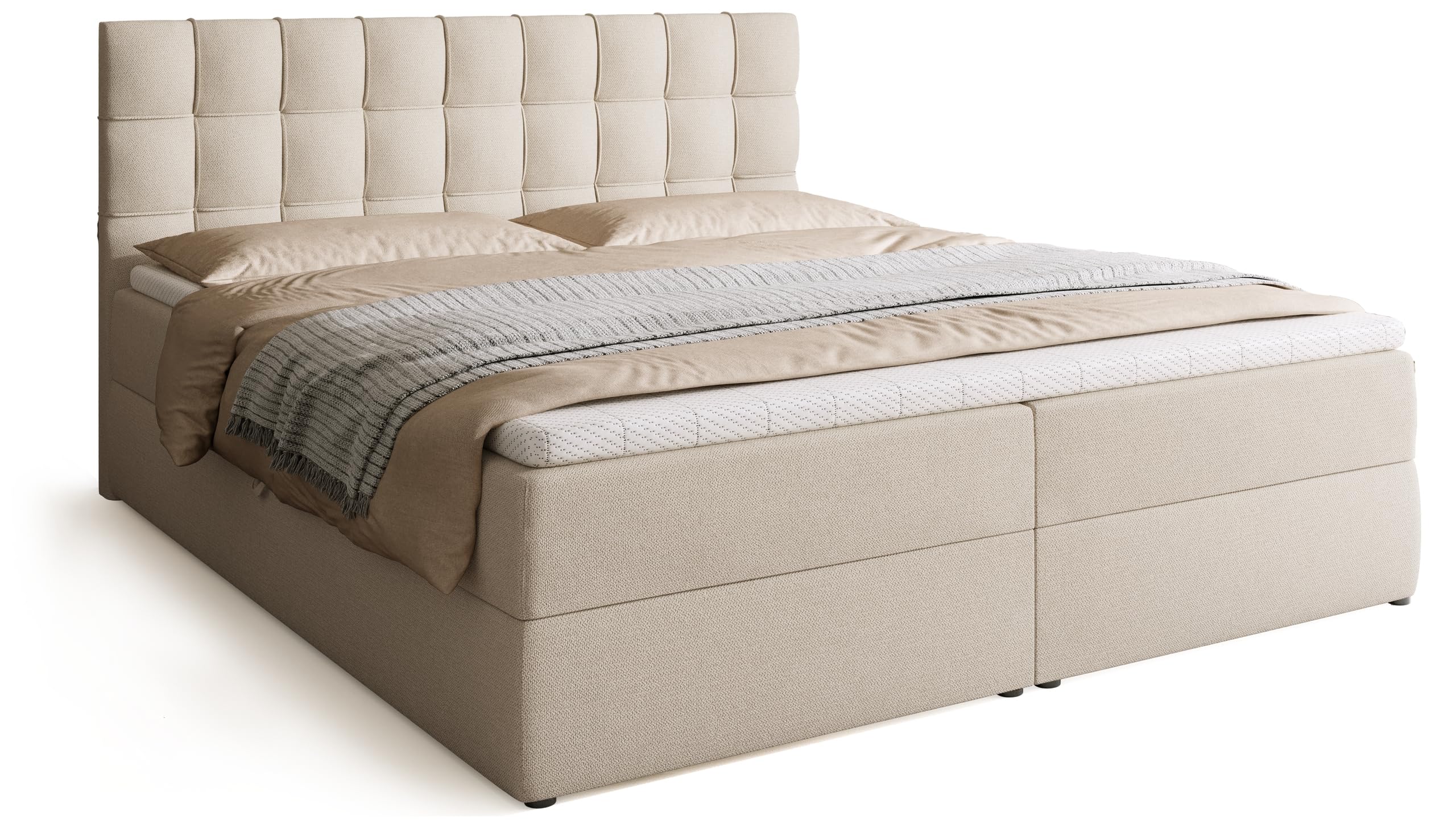 BROMARKT Boxspringbett 180x200cm mit Topper und Bettkasten H3 Beige | Doppelbett für Schlafzimmer mit Bonell Matratze Stauraum und gepolsterte Kopfstütze Bett Bed Einzelbett Federkern DETROIT