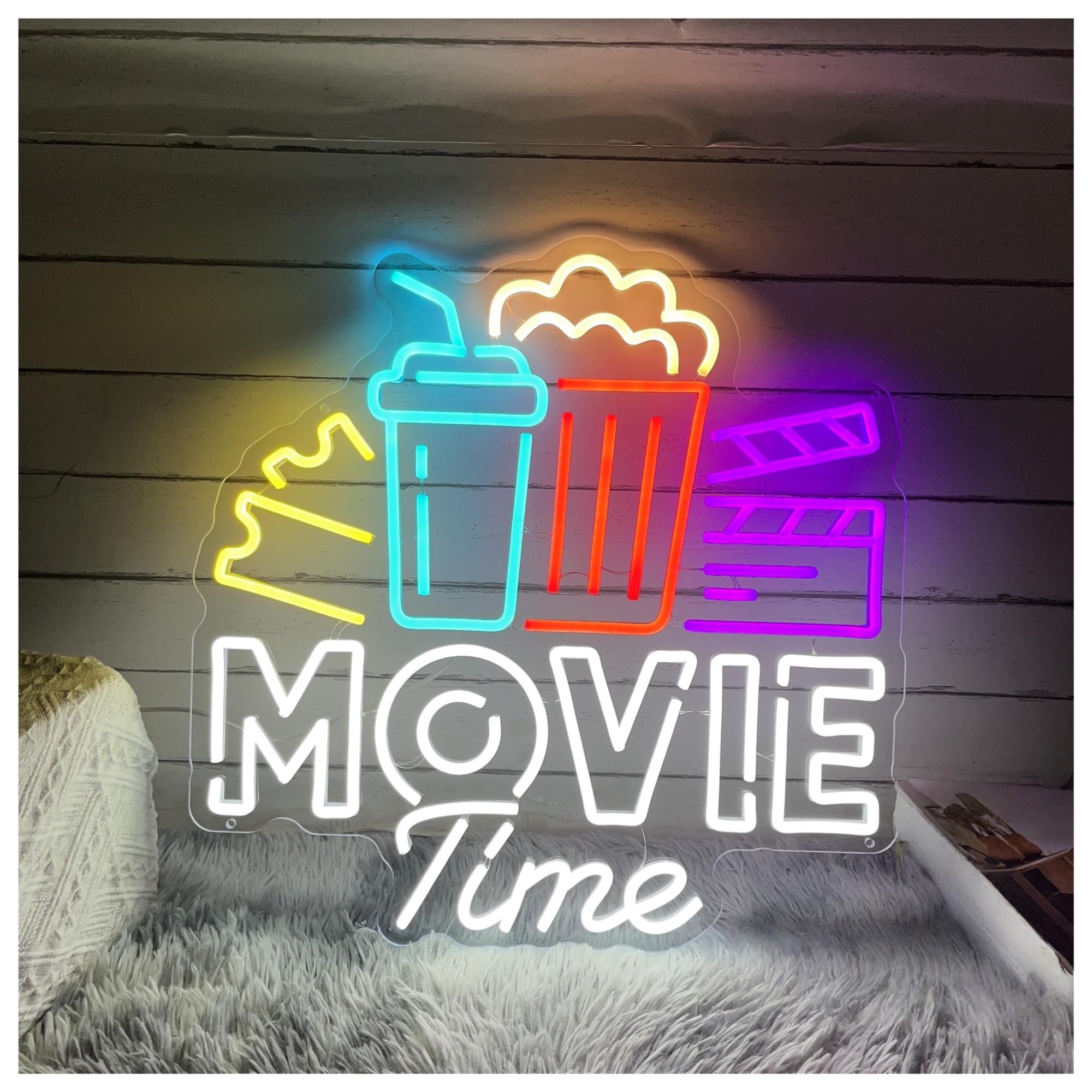 SHOUXI Sign Lamp Movie Time Popcorn Drinks Neon Sign, for Cinema Bar Home Wall Decor Snack Light 50cmx50cm(B)