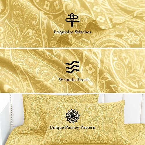 Miniatura 5 de KaceMoo Juego de sábanas tamaño California King, 4 piezas, estampado floral beige, sábanas bohemias de microfibra de bolsillo profundo, lujosas,