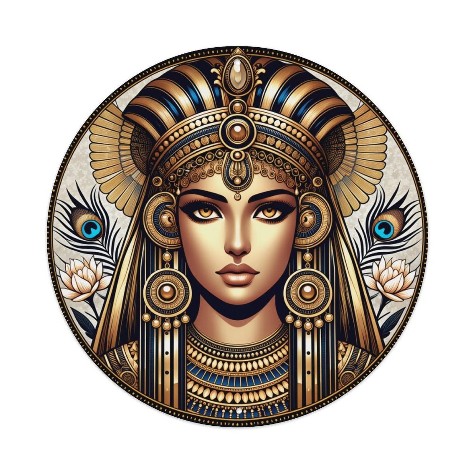 Egyptian Goddess With Peacock Feathers Round Tin Sign Vintage Metal Poster, Home Bar Garage Man Cave Cafe Indoor & Outdoor Wall Decoration 8x8Inches