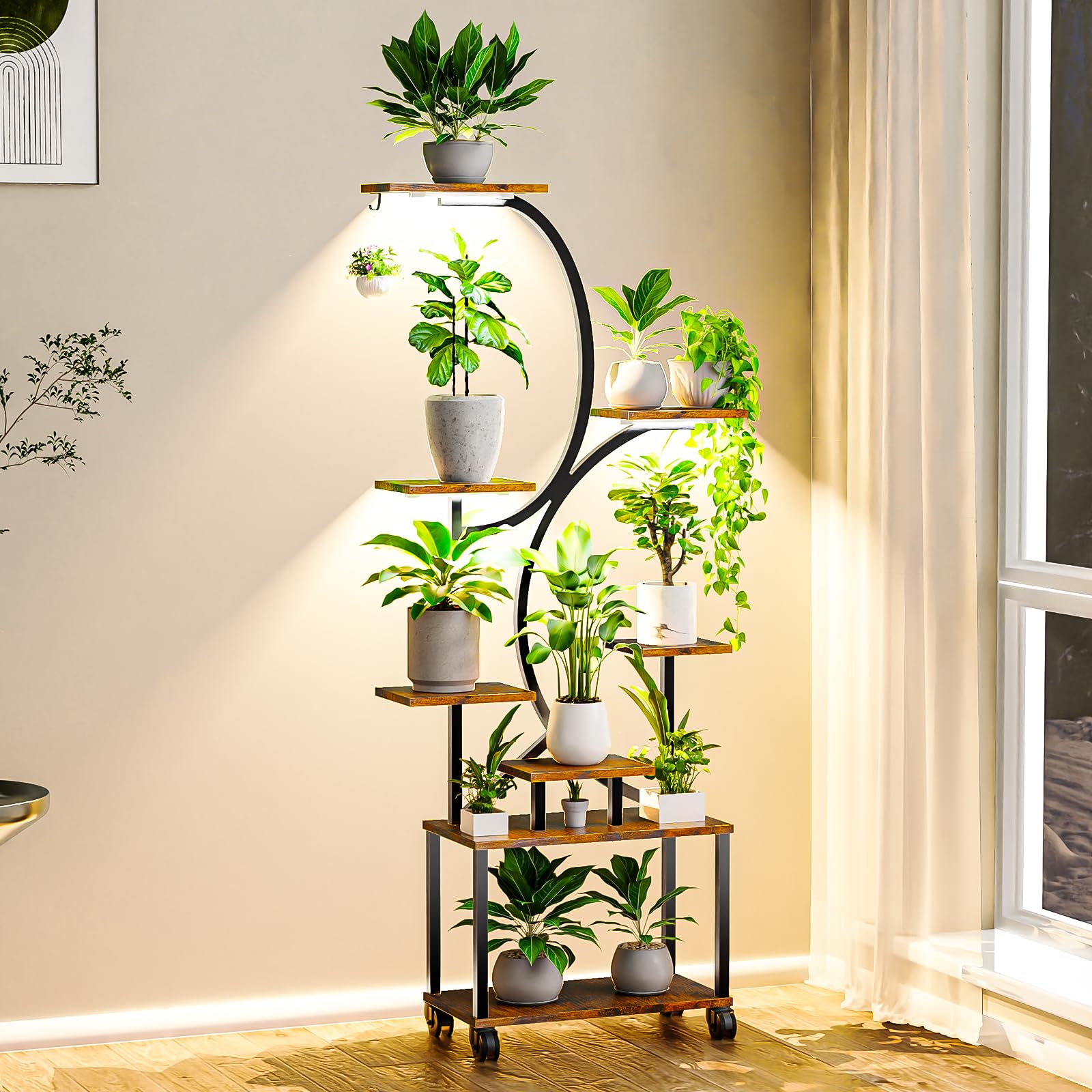 Kweetle Plant Stand Indoor with Grow Lights, 8 Tiered Metal Plant Shelf 62" Tall Plant Stand for Indoor Plants Multiple Metal Plant Flower Holder Stand S-Shaped Plant Rack for Home, Patio