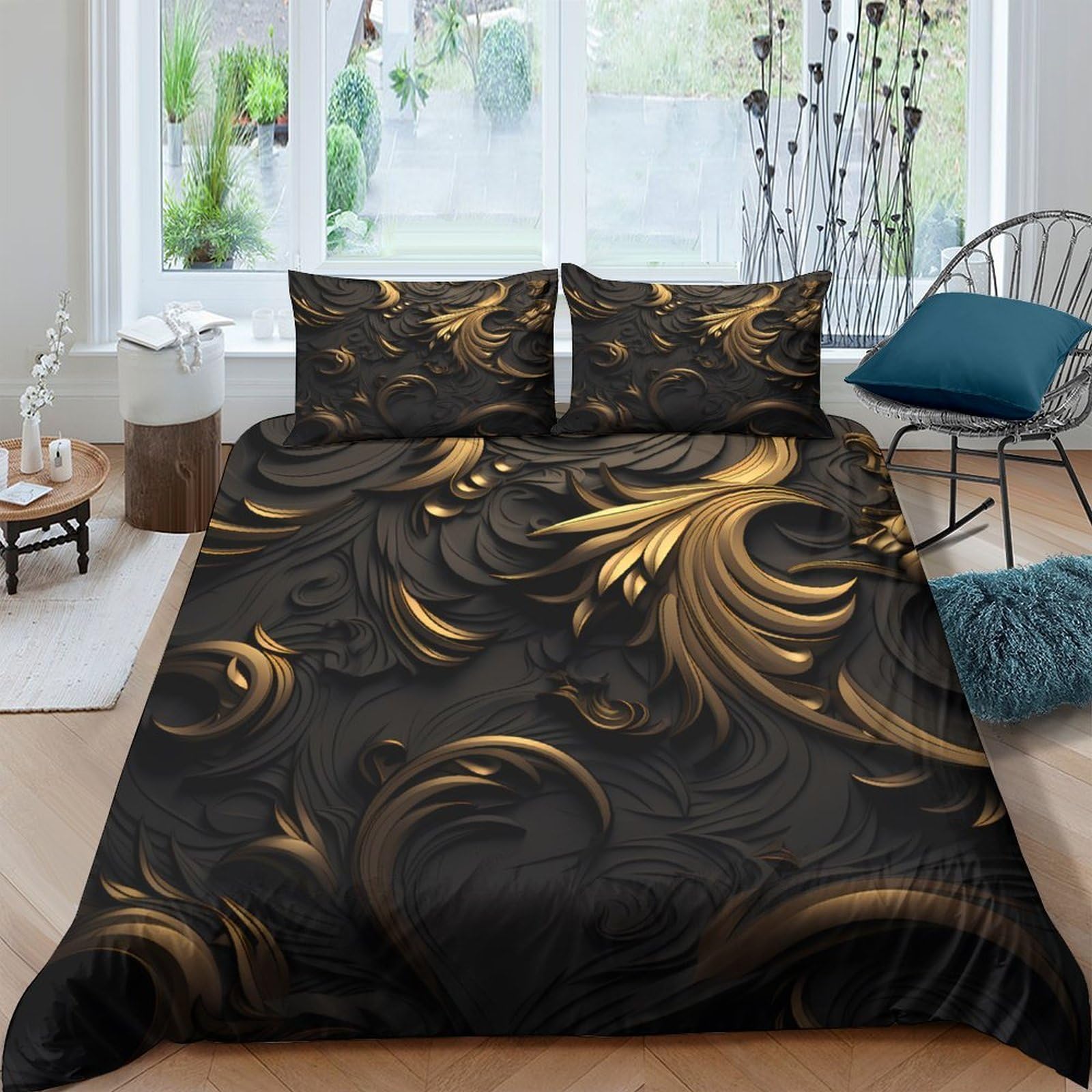 Ctjqhvkz Style-5 3D Printed Baroque Gold Swirl Fitted Sheet Microfiber Soft Black Mattress Cover For Bedroom Guest Room Decor Single（135X200cm）