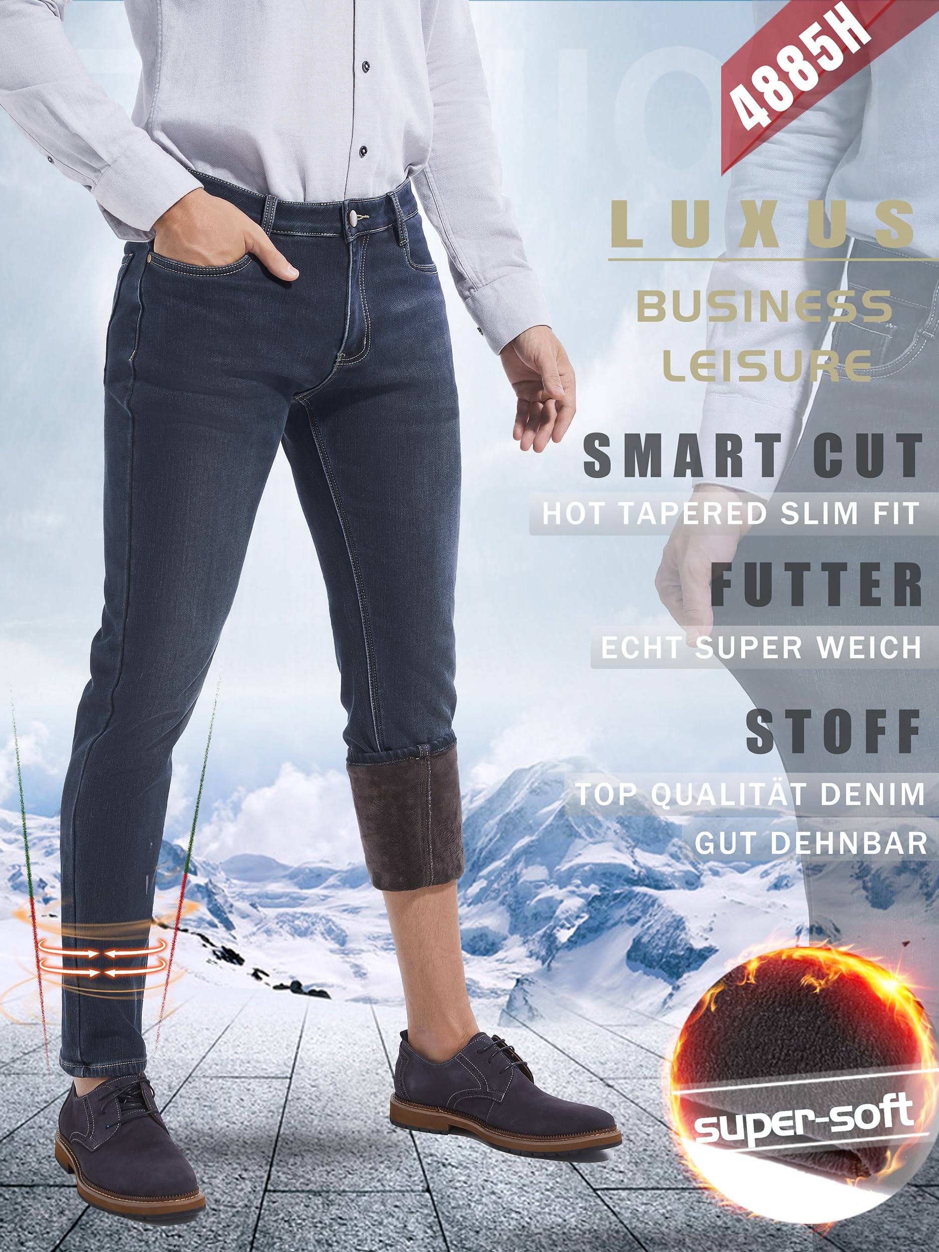 Jeans termici elasticizzati Tapered Slim Fit Super-Soft Fleece Pantaloni termici da uomo, jeans invernali imbottiti
