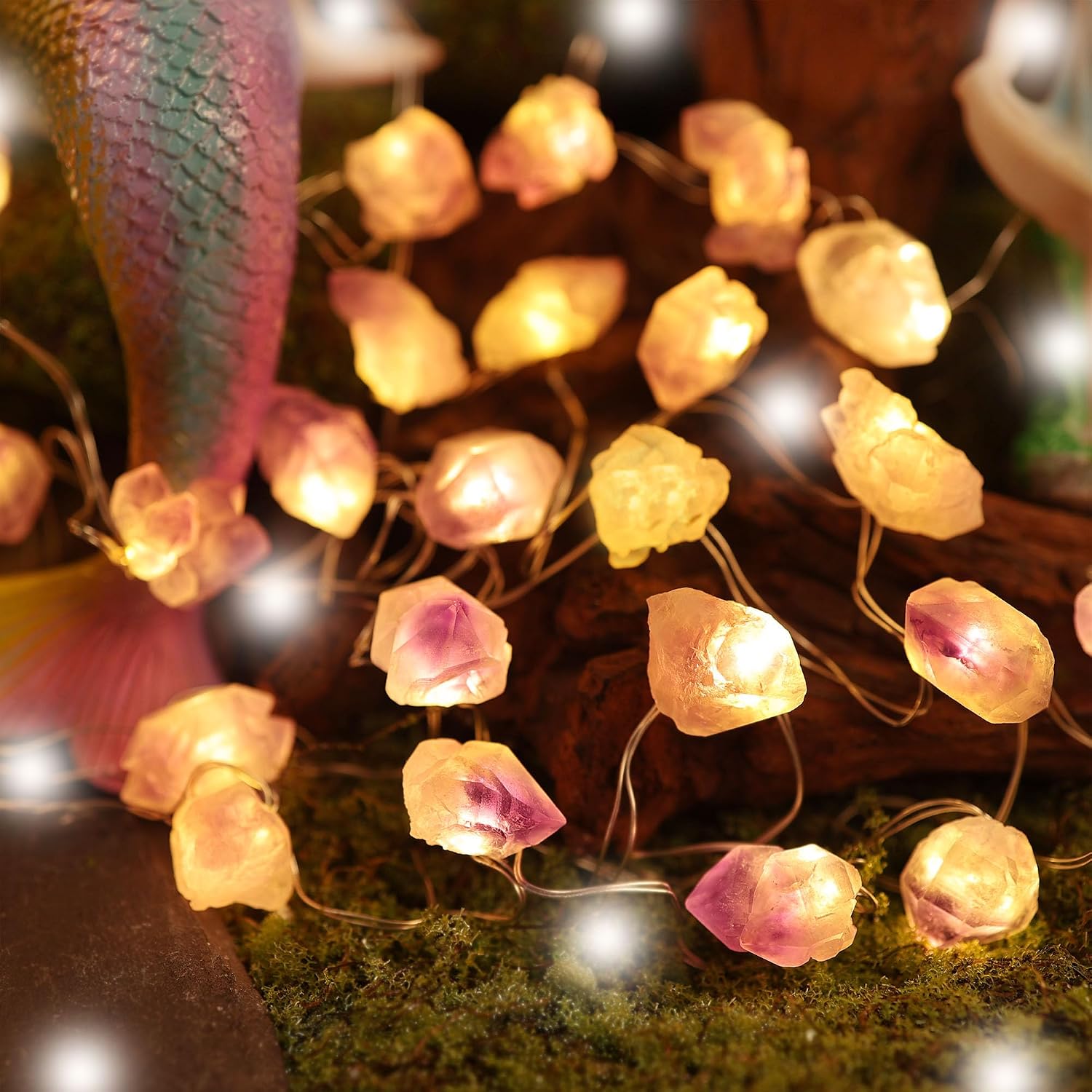 Genuine Amethyst Crystal Fairy Lights, Natural Healing 20 Raw Stones String of Lights 6.5ft Remote Control USB Plug in for Reiki Ornaments Bedroom Wedding Decoration