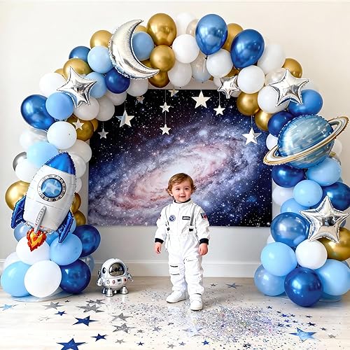 Vista 5 de Globos azules y dorados, 12 pulgadas, globos pastel azul bebé metálico, globos metálicos azules metálicos dorados y blancos de látex para cumpleaños