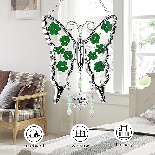 Miniatura 5 de KY&BOSAM Trébol mariposa atrapasoles Faith Hope Love Irish Catcher para ventana, adorno colgante celta, carillón de viento, alas de flores reales
