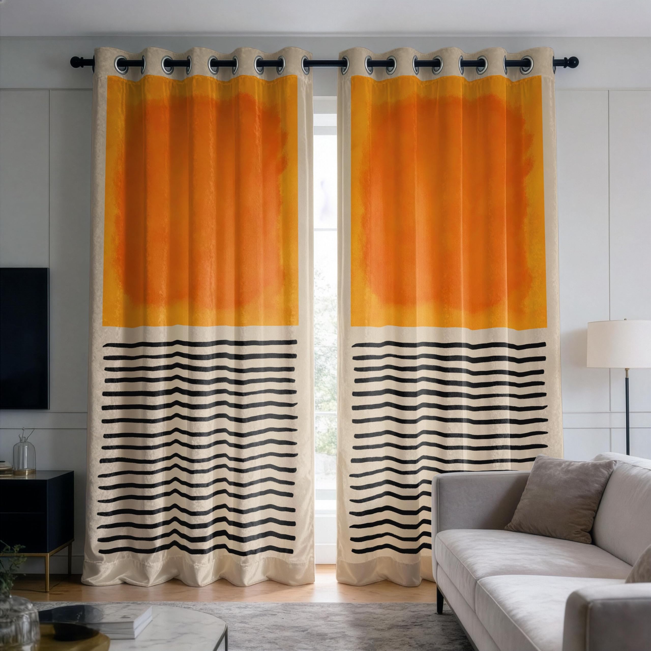 IKDZCM Sunset Inspired Blackout Curtains for Bedroom, Abstract Orange and Black Drapes, Modern Geometric Window Panels(WxH/2x228x167cm)