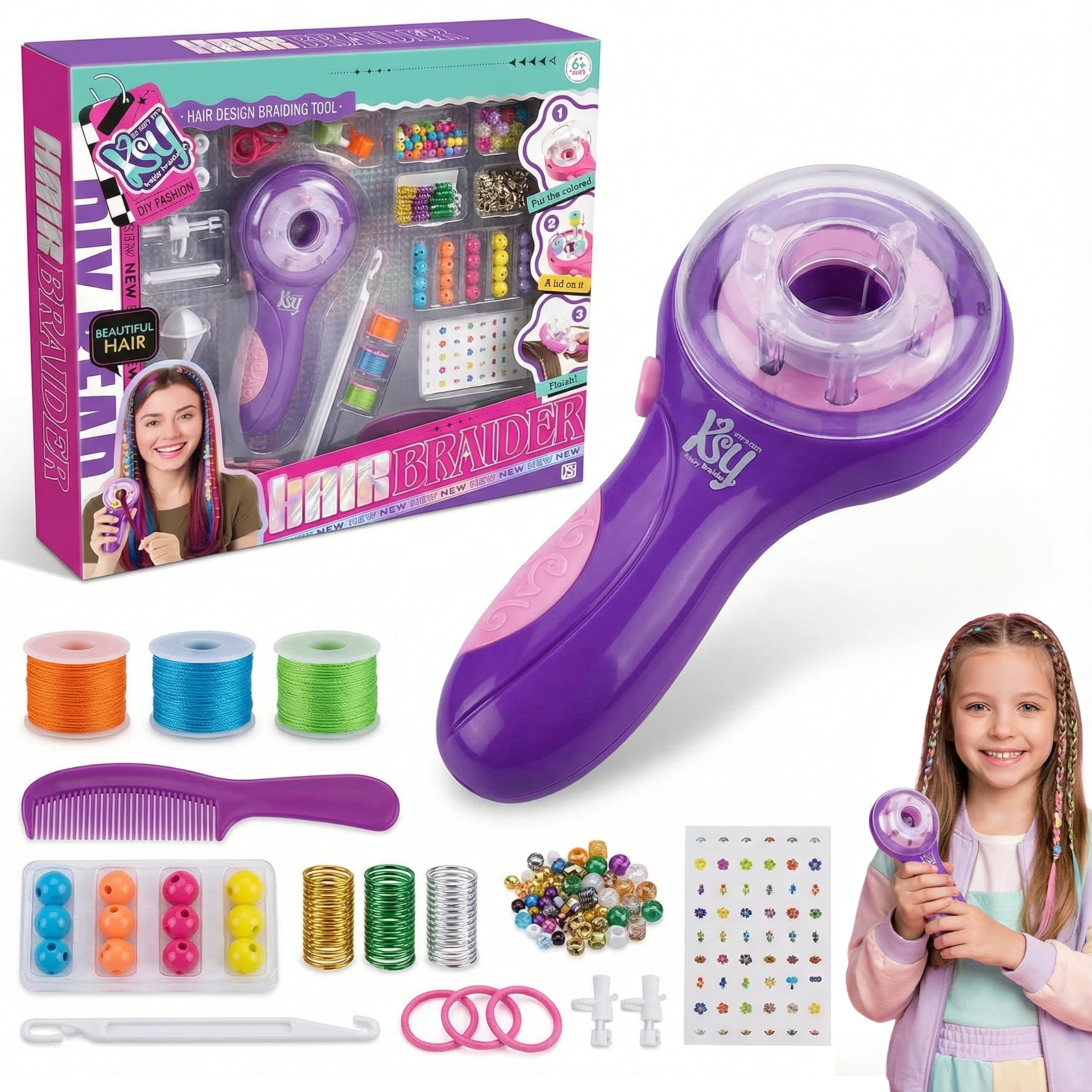 SGM Kids Hair Braider Kit – Automatic Hair Braiding Tool for Girls, DIY Hair Styling Set with Threads, Beads, Clips & Stickers, Safe Design, Creative Gifts for Girls Age 6+ - KSY917