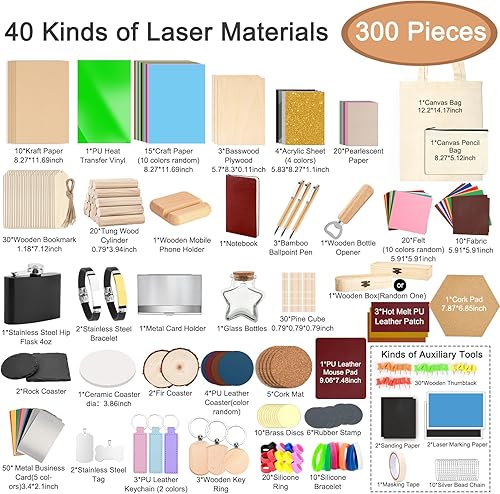 Miniatura 2 de Csyidio 300 piezas de material de grabado láser, 40 tipos de accesorios de grabado láser con instrucciones, suministros de grabado láser que