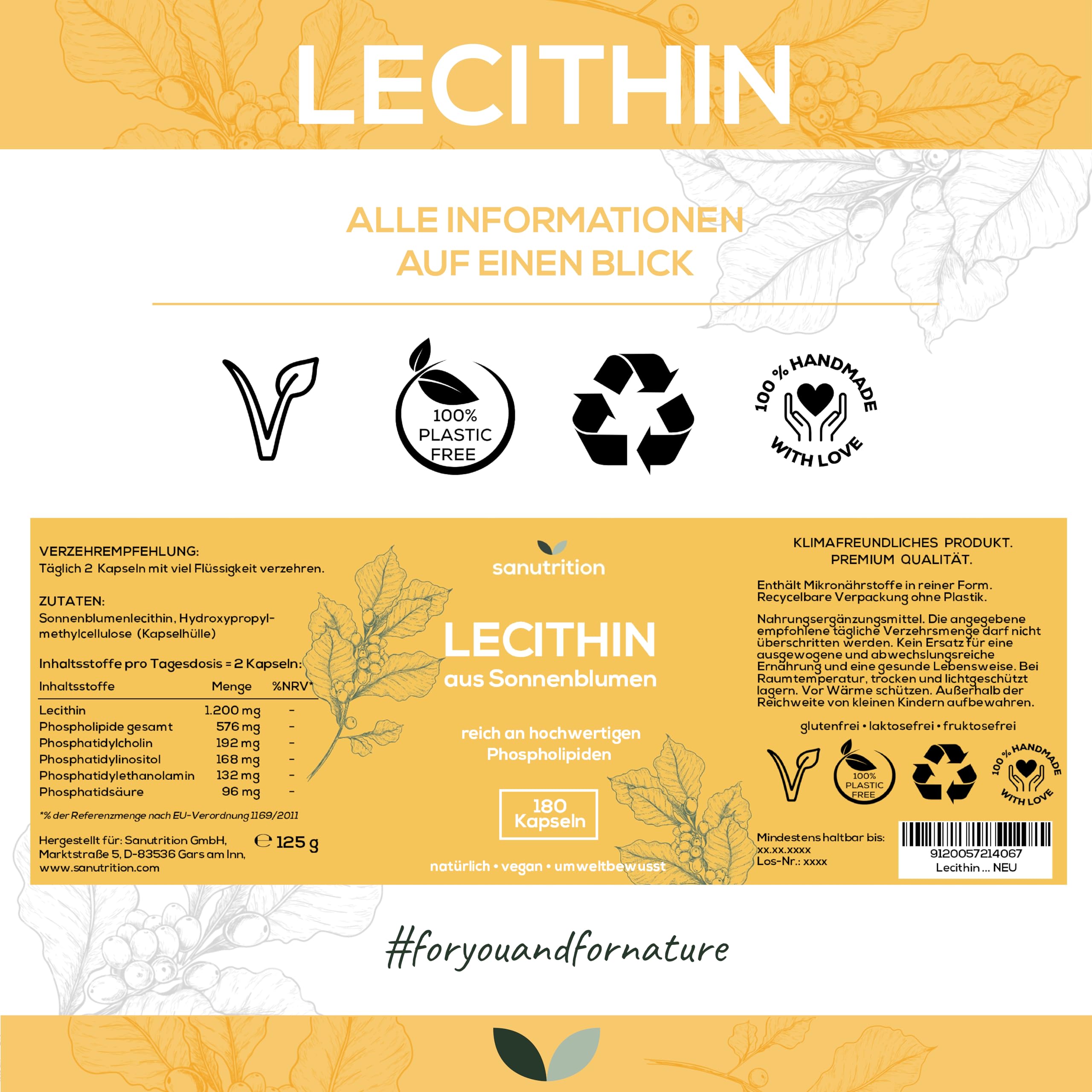 Sonnenblumenlecithin | 180 Kapseln | exakte Dosierung | Reinstoffprodukt | Ohne Zusätze | non-GMO | Flüssigkapseln reich an Phospholipiden | geprüfte Qualität