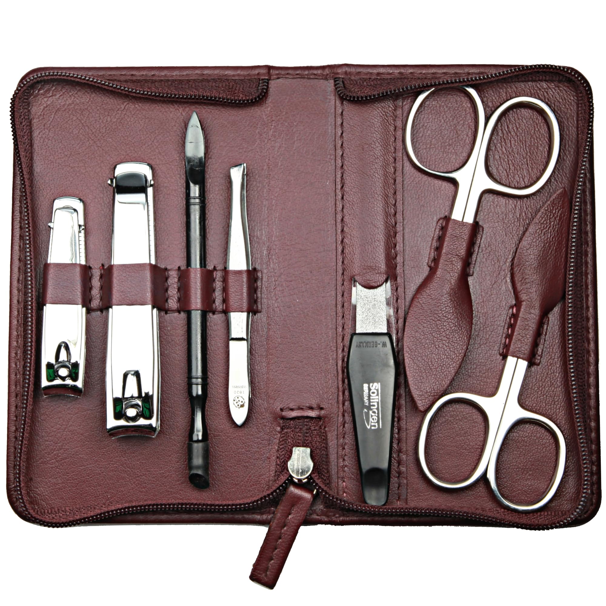 Set manicure 7 pezzi – Custodia con cerniera con strumenti in acciaio inox e acciaio al carbonio – Manicure e pedicure – Custodia in pelle di agnello Nappa (Bordeaux)