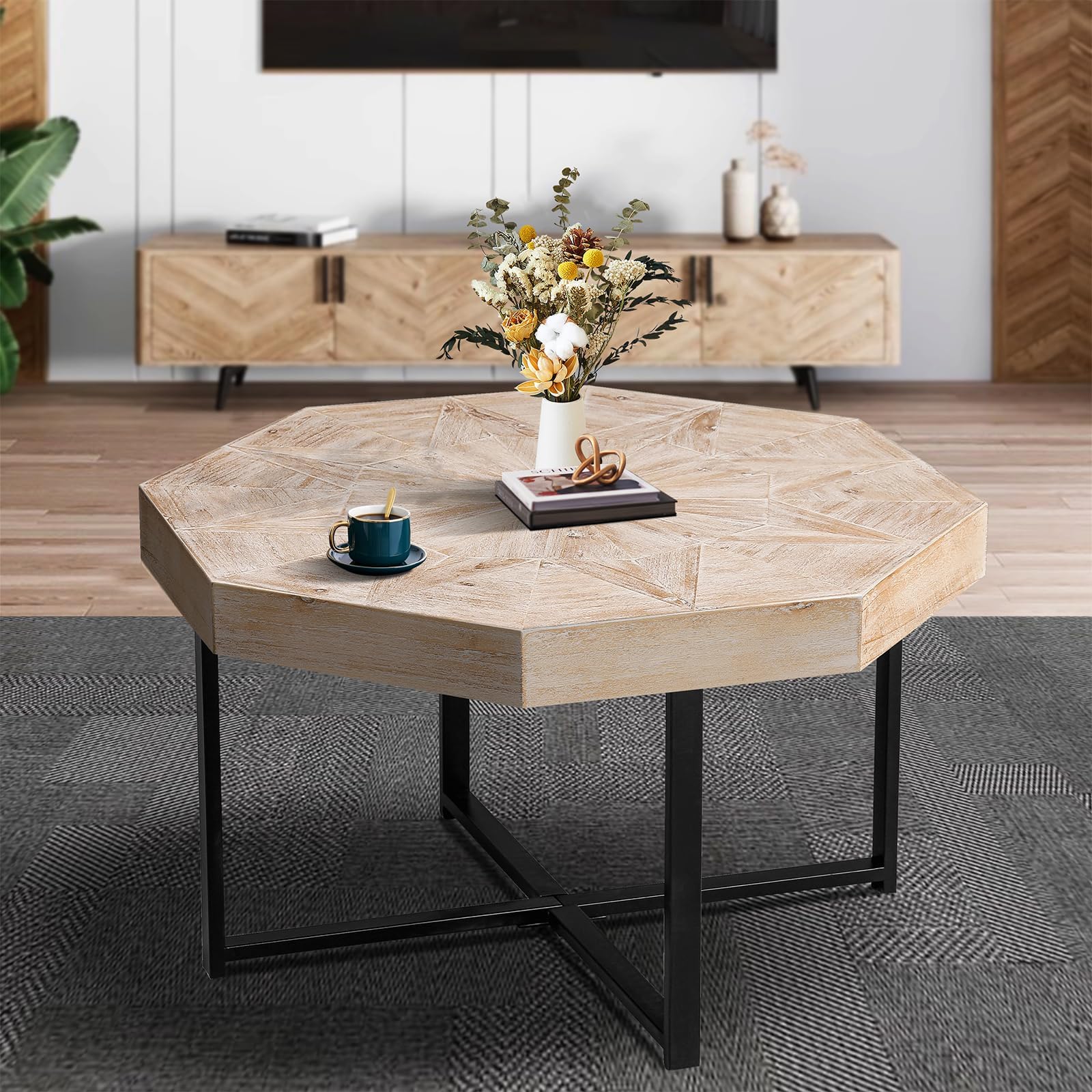 29" Coffee Table, Vintage Patchwork Craft Farmhouse Octagonal Wood Coffee Table with Cross Metal Legs for Living Room (Antique Wood)