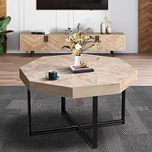 29" Octagonal Coffee Table, Vintage Patchwork Craft Farmhouse Wood Coffee Table with Cross Metal Legs for Living Room, Antique Wood
