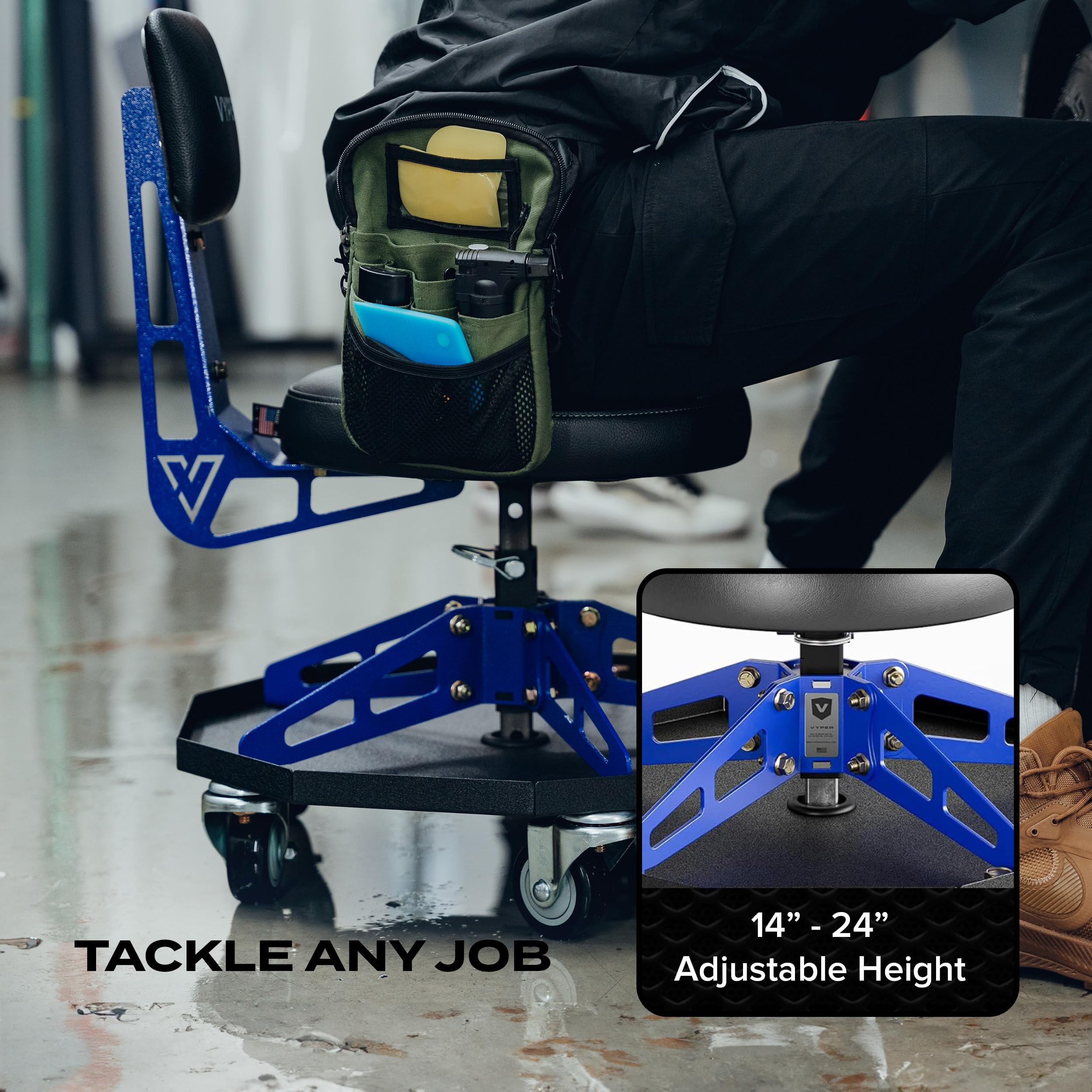 Vyper - Silla deportiva de acero robusta para mecánica, automoción, bricolaje, taburete de garaje de capacidad de 300 libras con respaldo y ruedas grandes (asiento negro, marco azul)