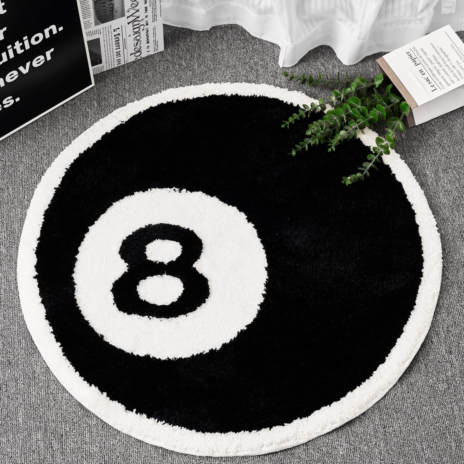 ELDONE Black 8 Ball Rug, Cute Unique Cool Fun 24" Round Area Rugs for Bedroom Bathroom Living Room Dorm Non Slip Washable Funky Aesthetic Bedroom