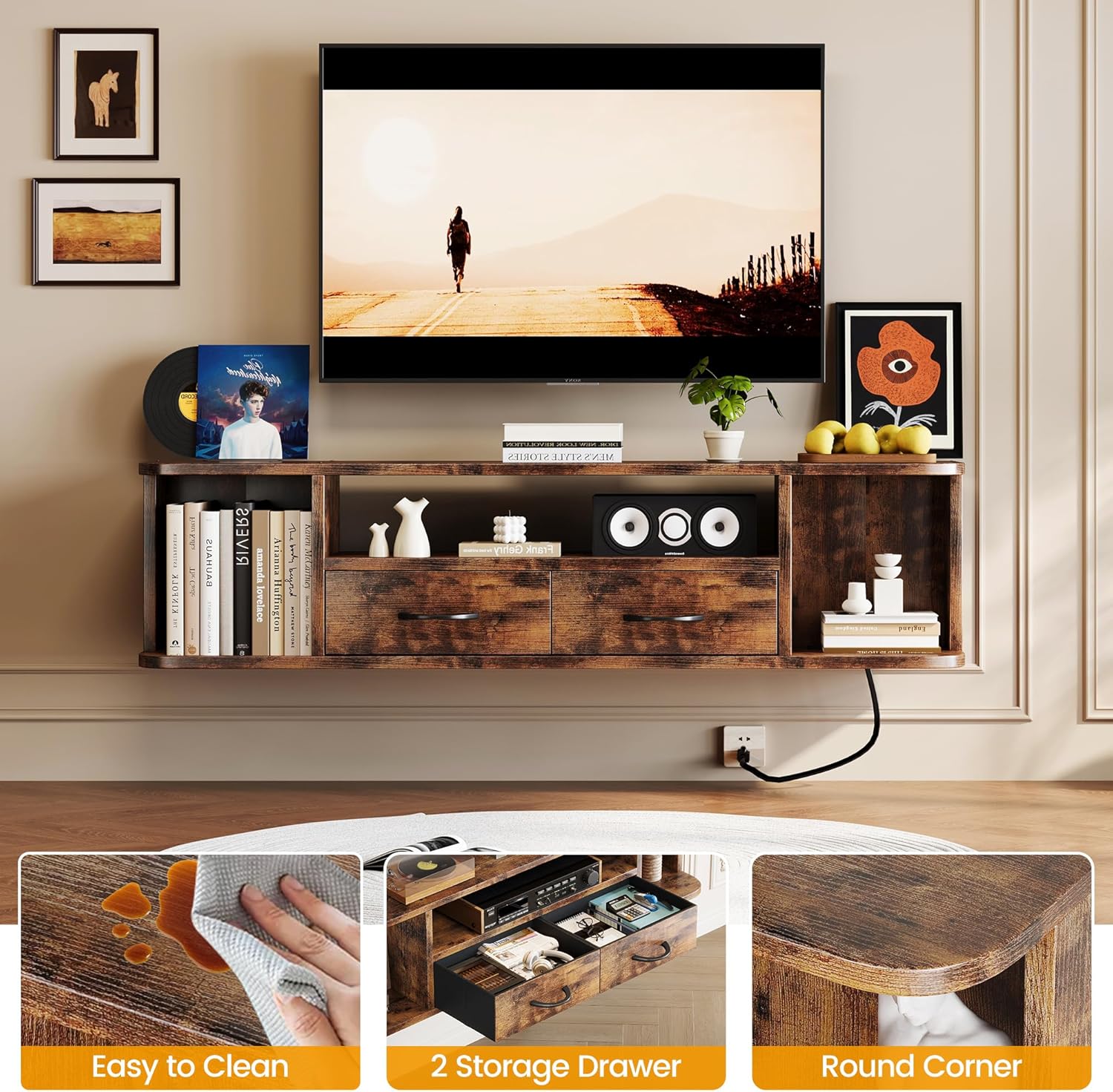 Image showing a hand wiping a spill on the TV stand surface, indicating easy cleaning, along with images of storage drawers and rounded corners.