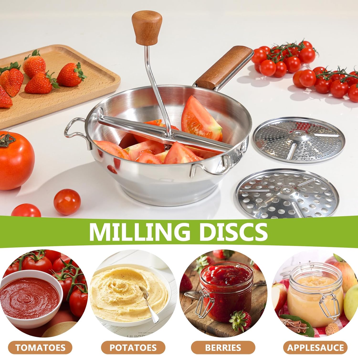 Rorence Food Mill Stainless Steel With 3 Grinding Discs, Wooden Handle & 7.6" Dia. Bowl - Ergonomic Rotary Handle with Wooden Knob for Tomato Sauce, Applesauce, Puree, Mashed Potatoes, Jams Middle image 5 of 8 B0DD7CQ2MP