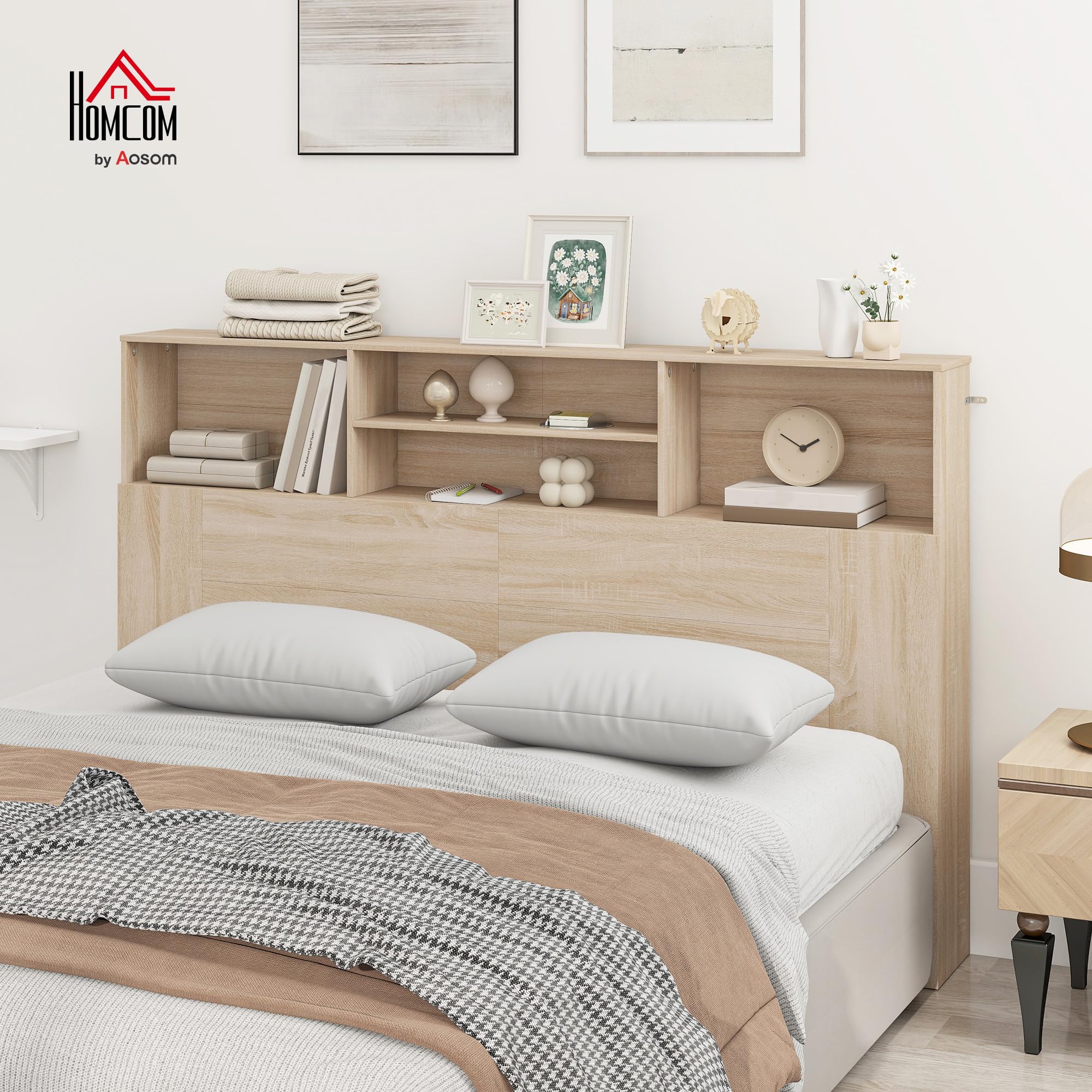 HOMCOM Tête de lit sur Pied 160 cm avec rangements, Accessoire de lit Moderne avec 4 Compartiments Ouverts pour Chambre, 160 x 20,2 x 108,2 cm, Bois Naturel