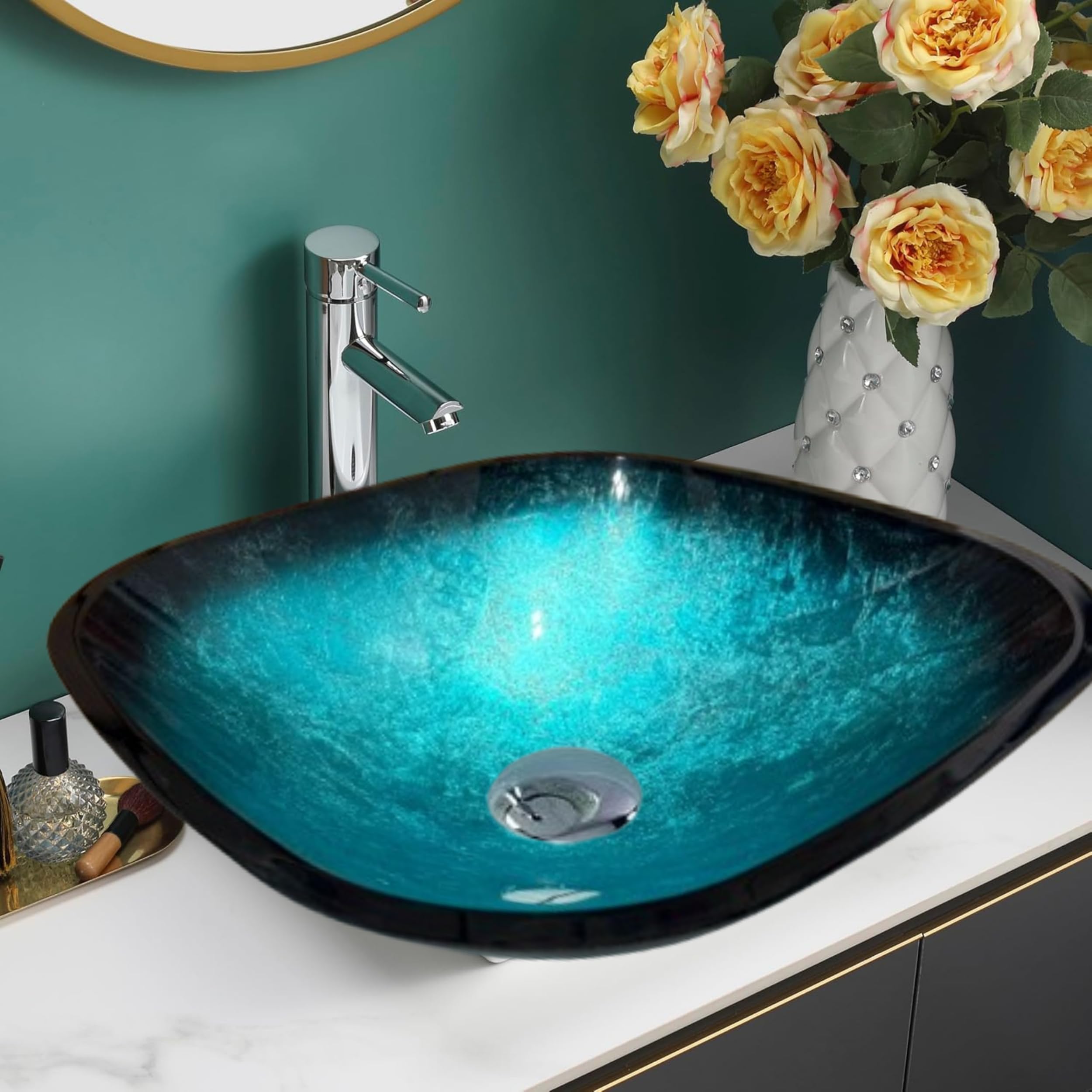 BELOFAY Modern Bathroom Sink, Countertop Wash Basin, Glass Vessel Washing Bowl Set, Cabinet Counter Top Sink for Vanity Cabinet Cloakroom, Square Blue with Tap, Pop up Waste and Plastic Bottle Trap